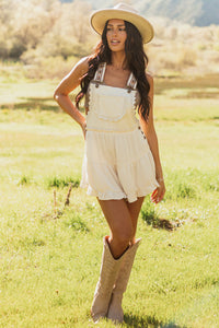 Almond Lace Trim Tiered Cotton Overalls Romper