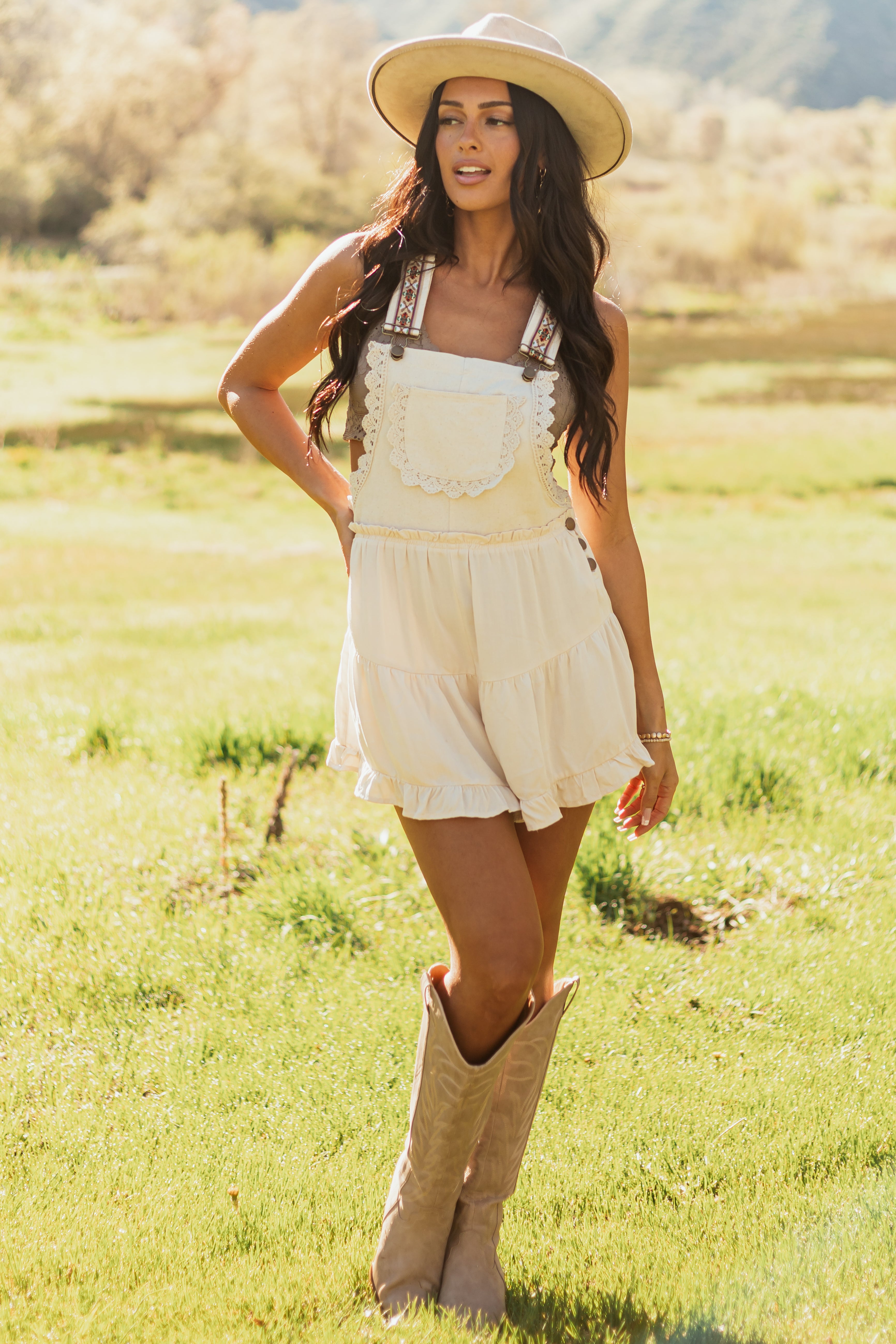 Almond Lace Trim Tiered Cotton Overalls Romper