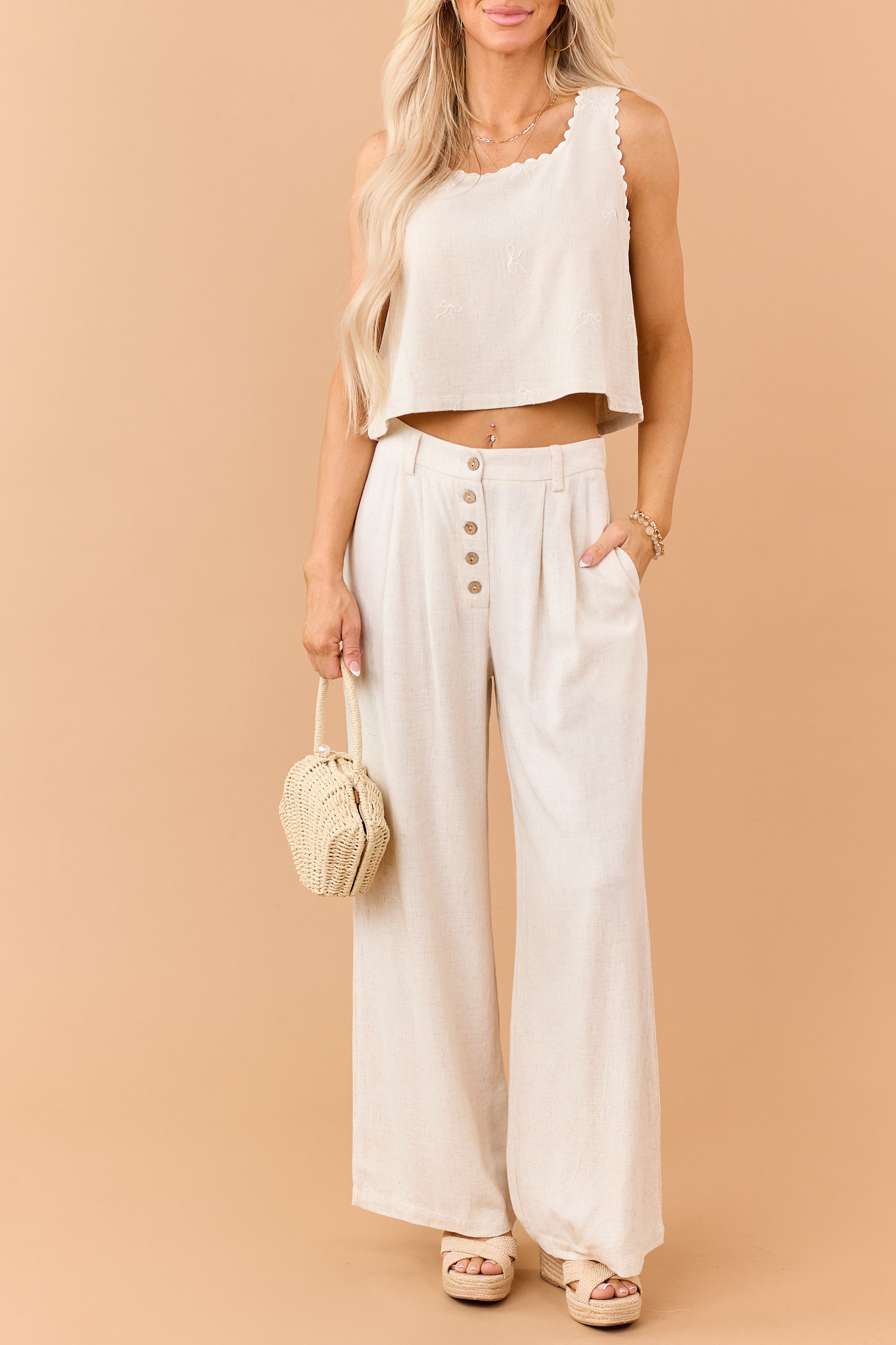 リーナマントルピース Almond Linen Blend Button Fly Wide Leg Pants | Lime Lush Boutique