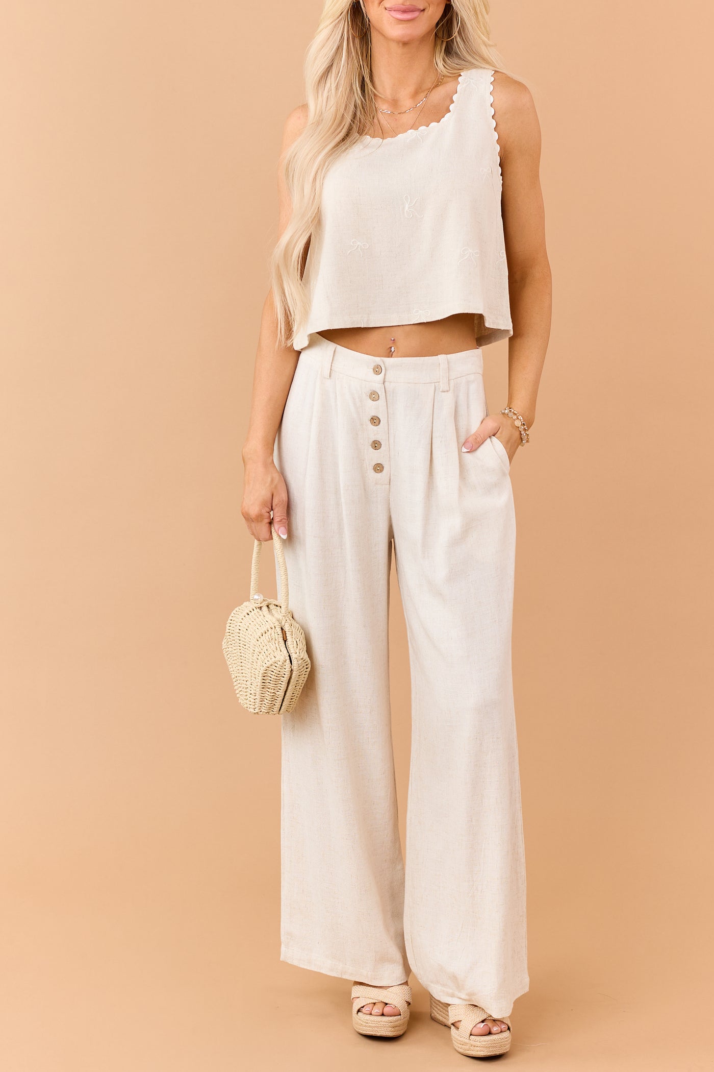Almond Linen Blend Button Fly Wide Leg Pants