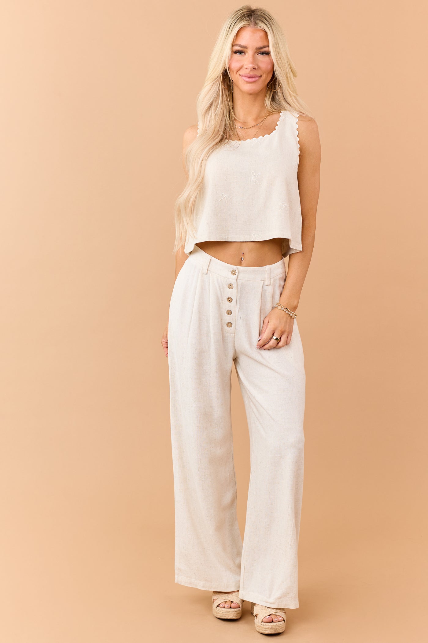 Almond Linen Blend Button Fly Wide Leg Pants