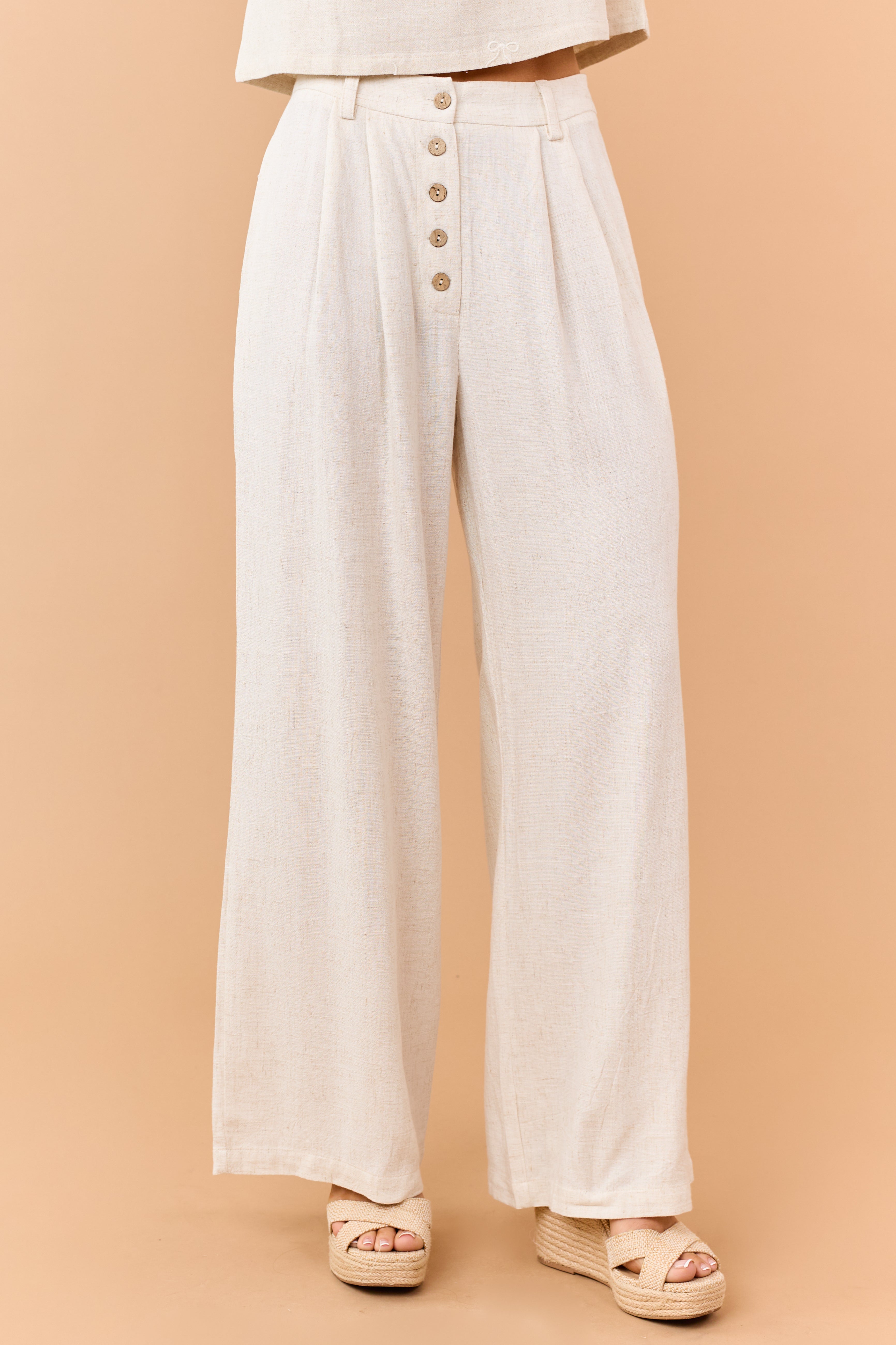 Almond Linen Blend Button Fly Wide Leg Pants | Lime Lush Boutique