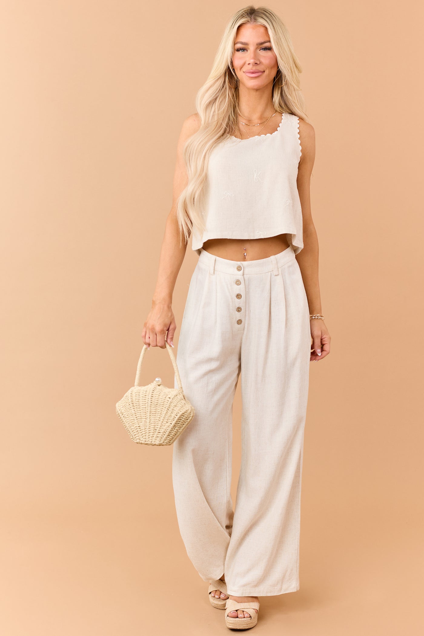 Almond Linen Blend Embroidered Ribbon Tank Top