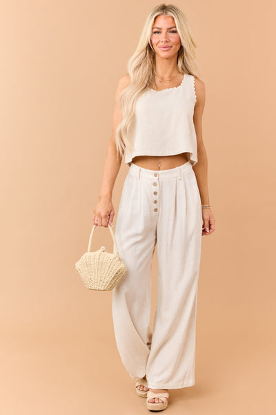 Almond Linen Blend Embroidered Ribbon Tank Top