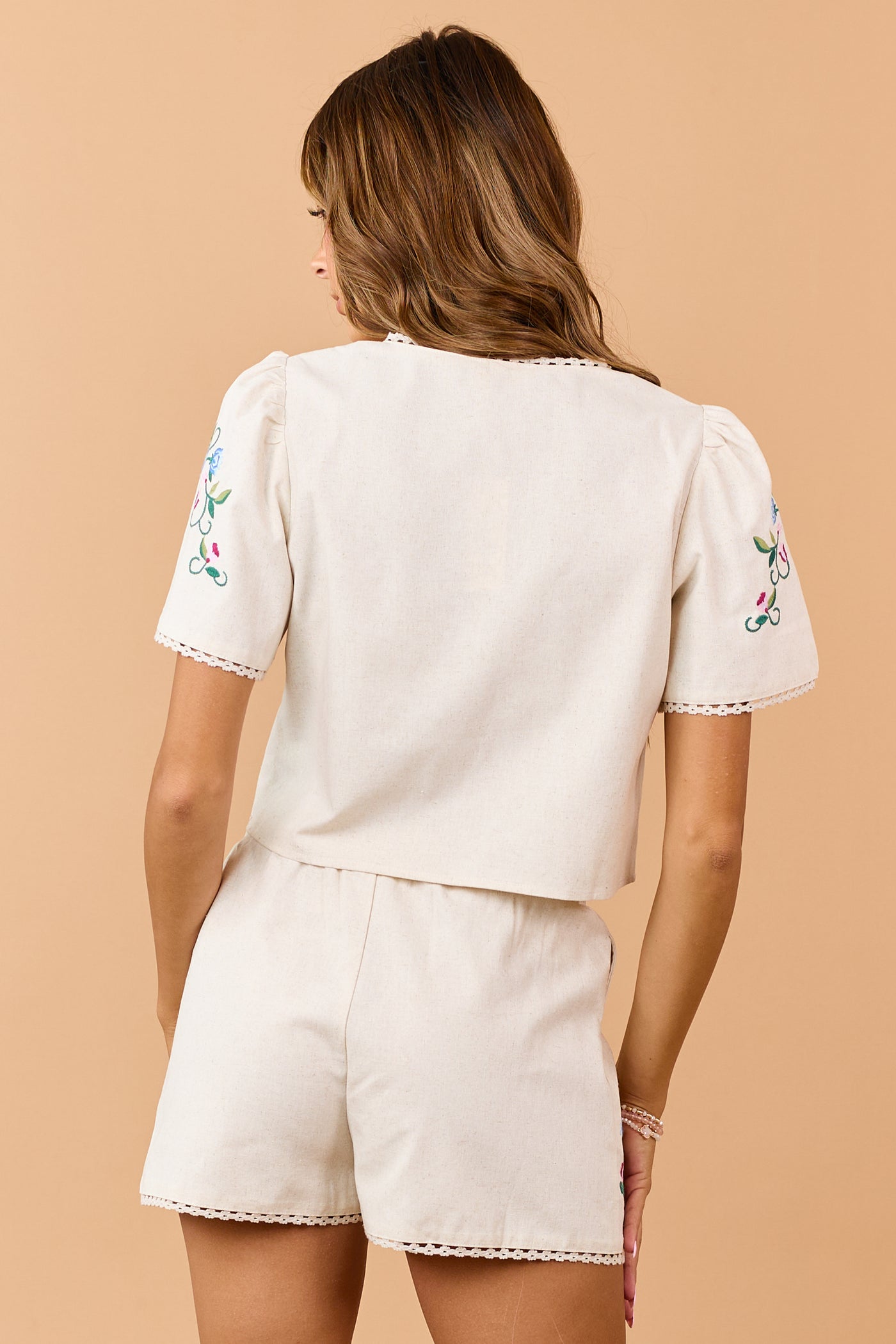 Almond Linen Blend Floral Embroidered Tie Front Top