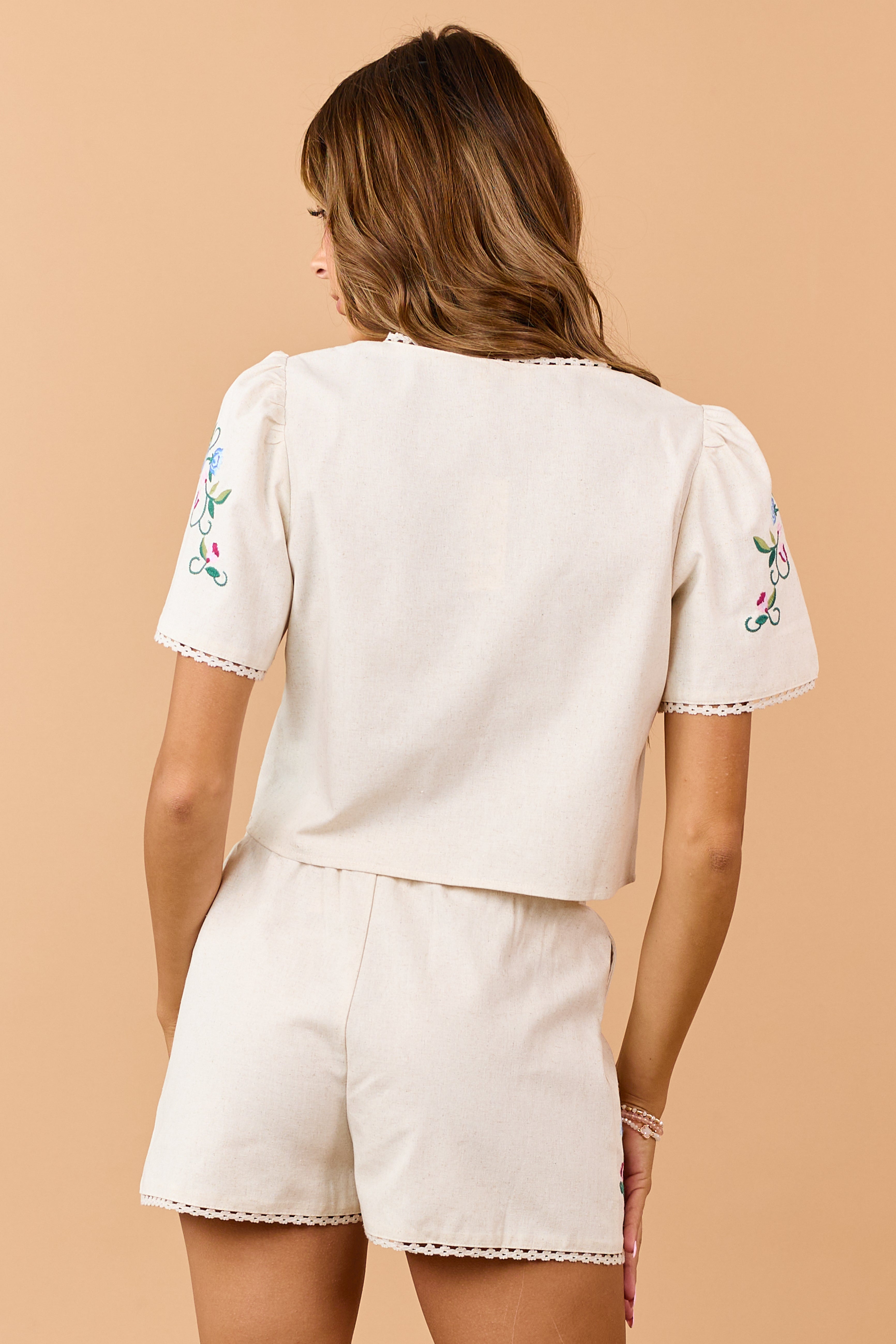 Almond Linen Blend Floral Embroidered Tie Front Top