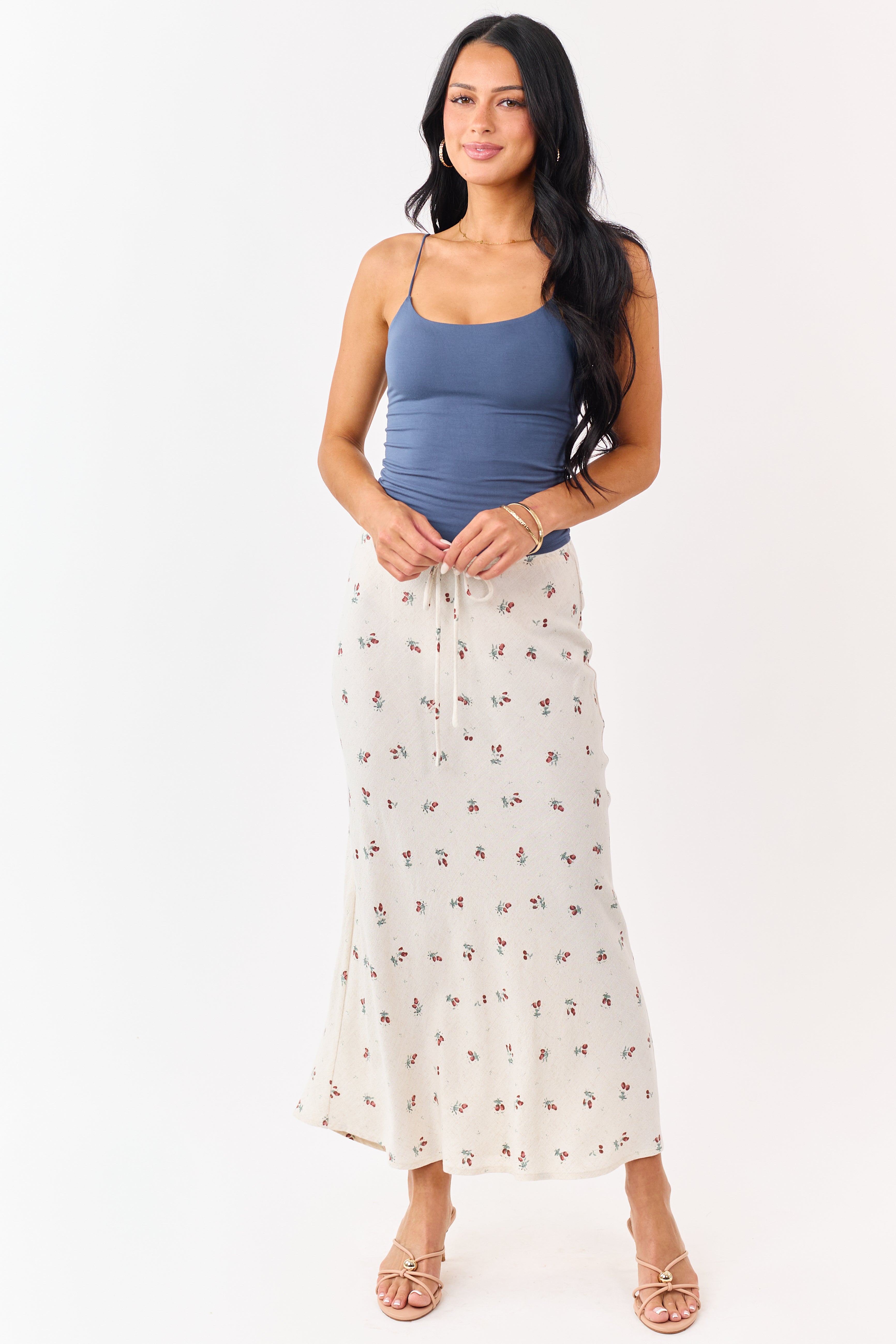 Almond Linen Blend Floral Print Maxi Skirt
