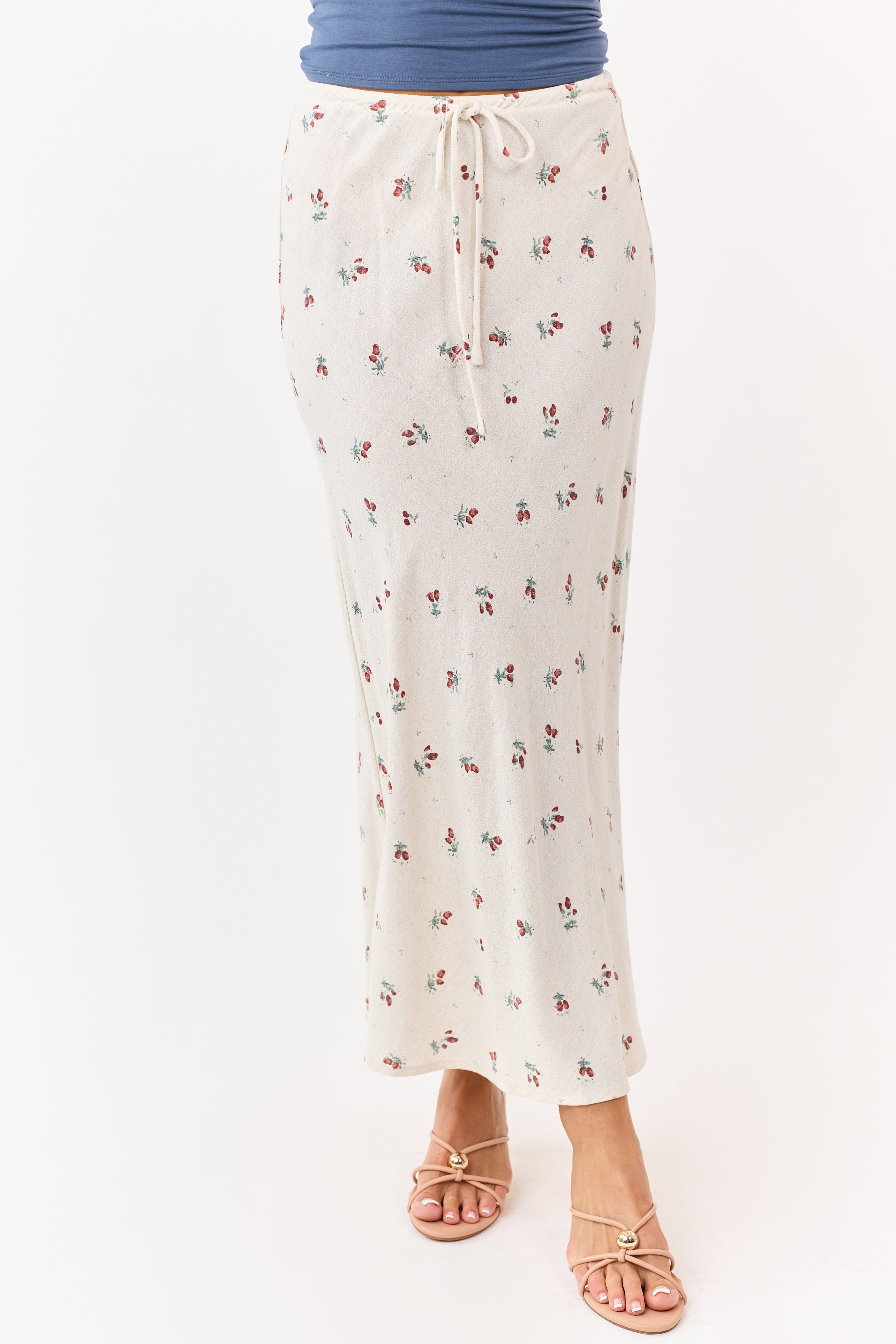 Almond Linen Blend Floral Print Maxi Skirt
