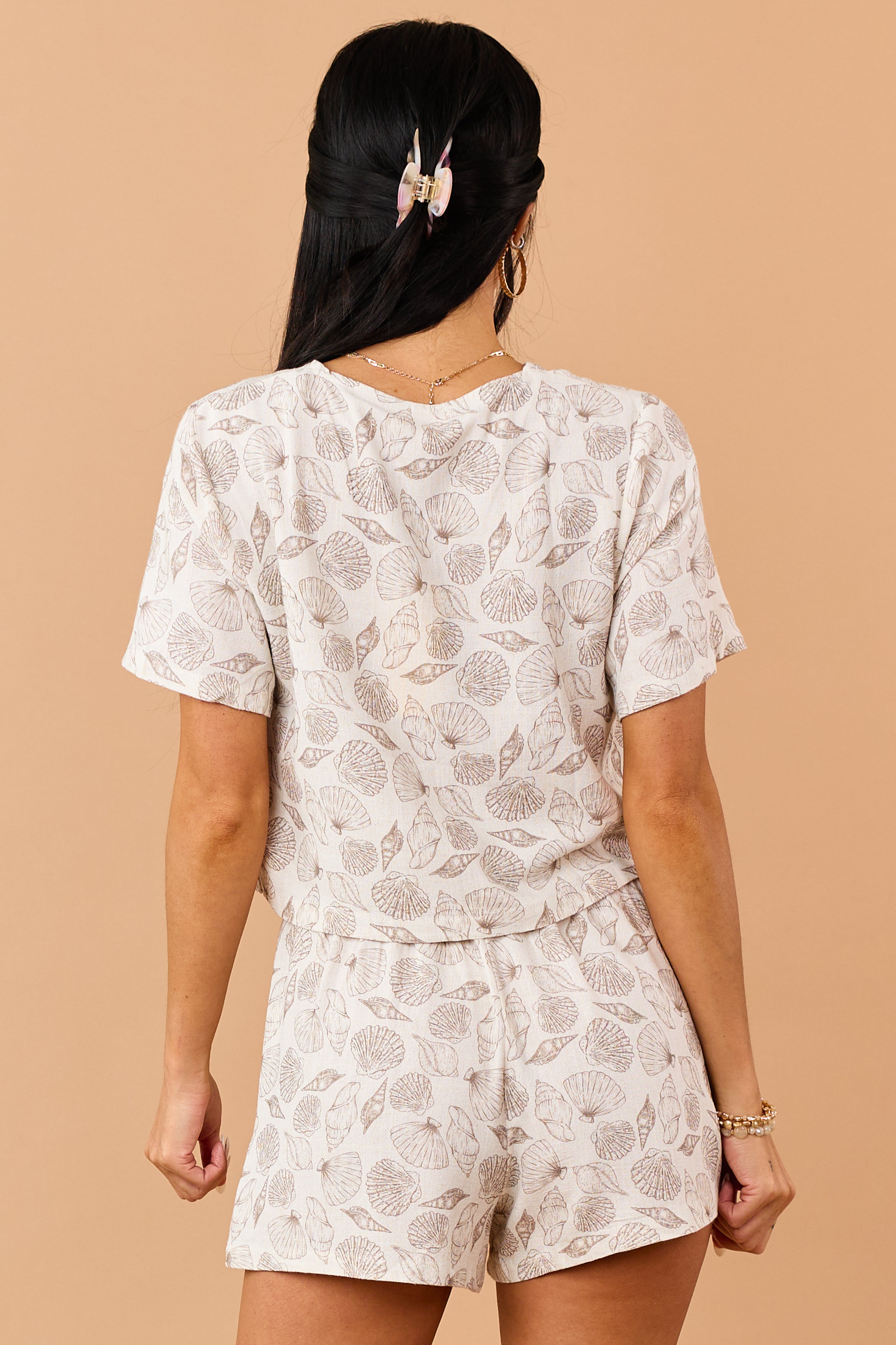 Almond Linen Blend Seashell Print Button Down Top