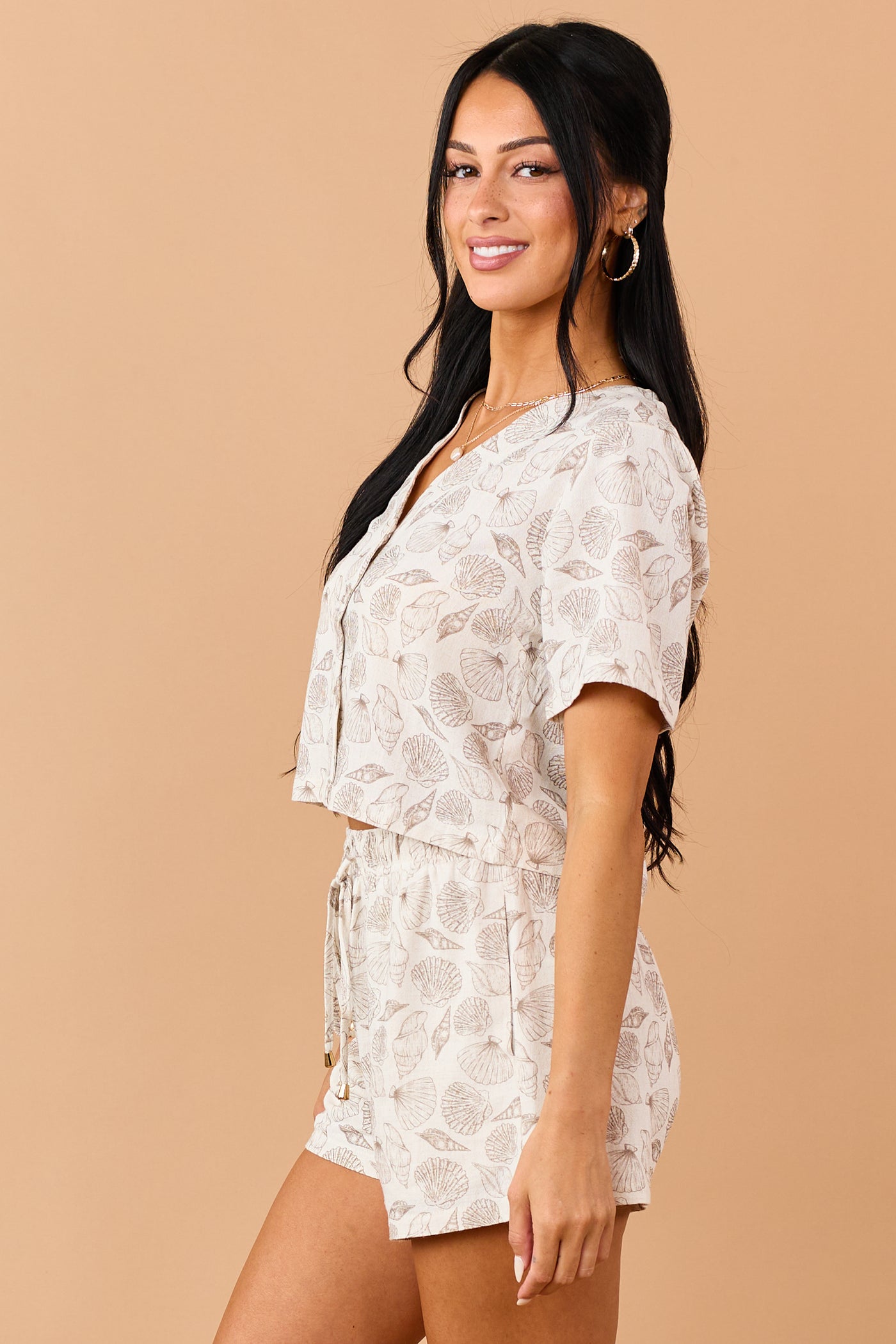 Almond Linen Blend Seashell Print Button Down Top