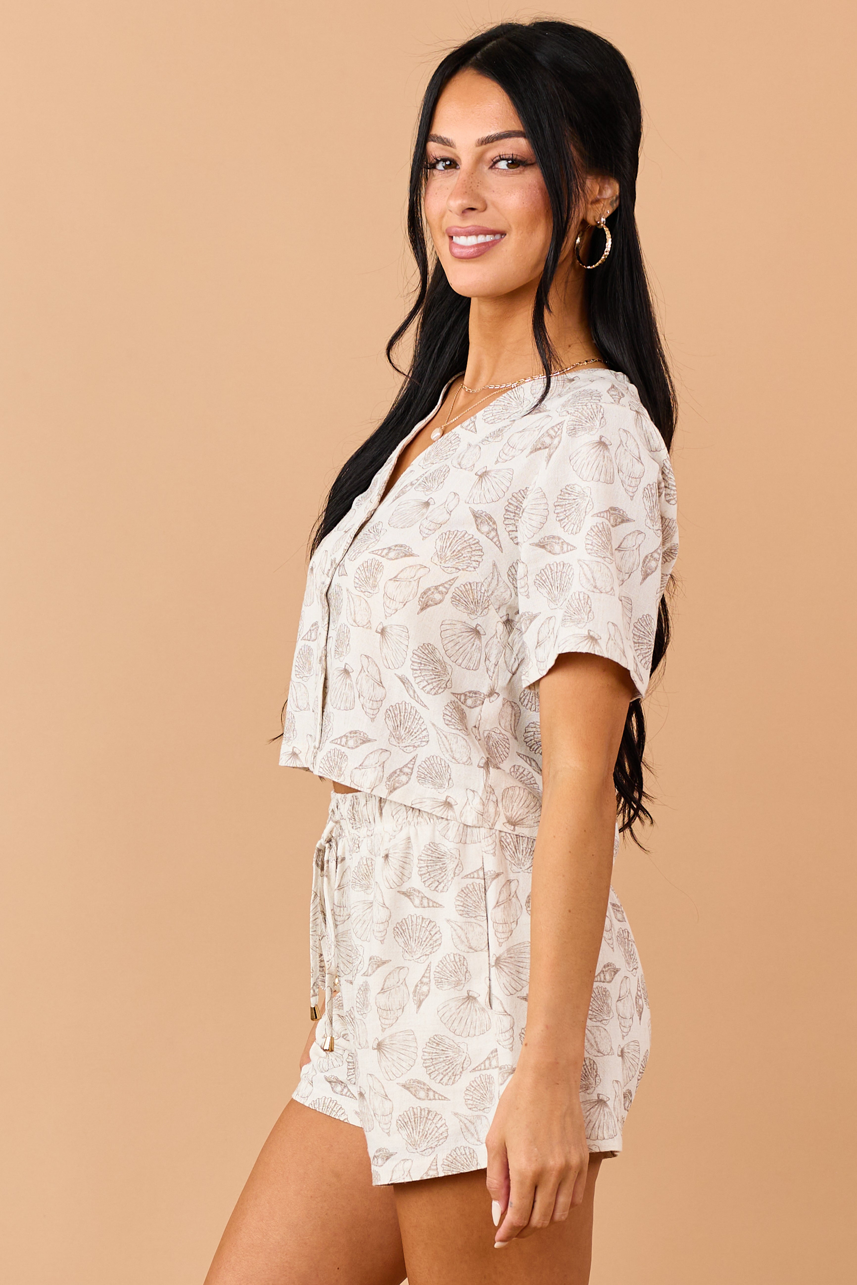 Almond Linen Blend Seashell Print Button Down Top
