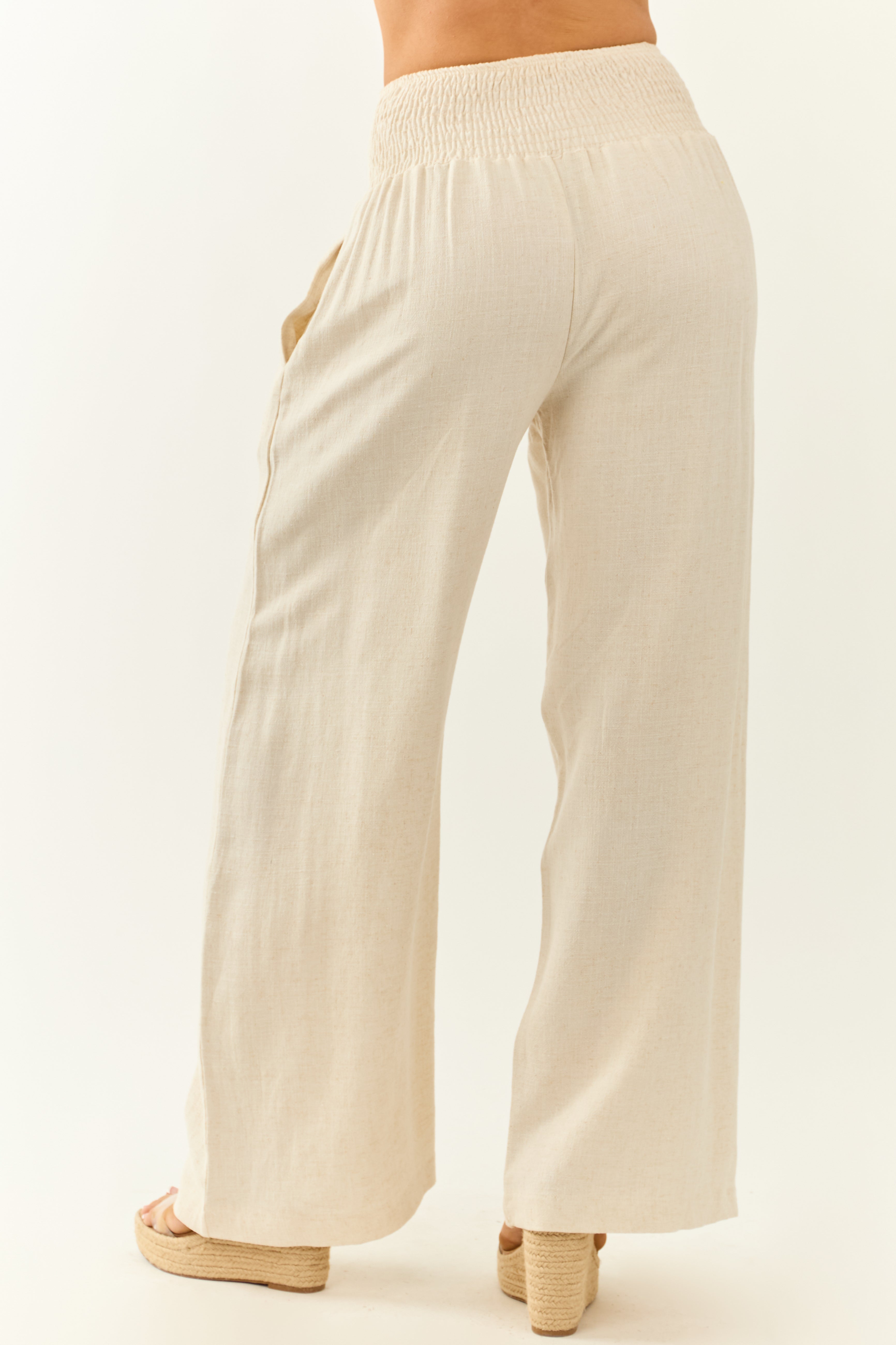 Almond Linen Blend Waistband Wide Leg Pants