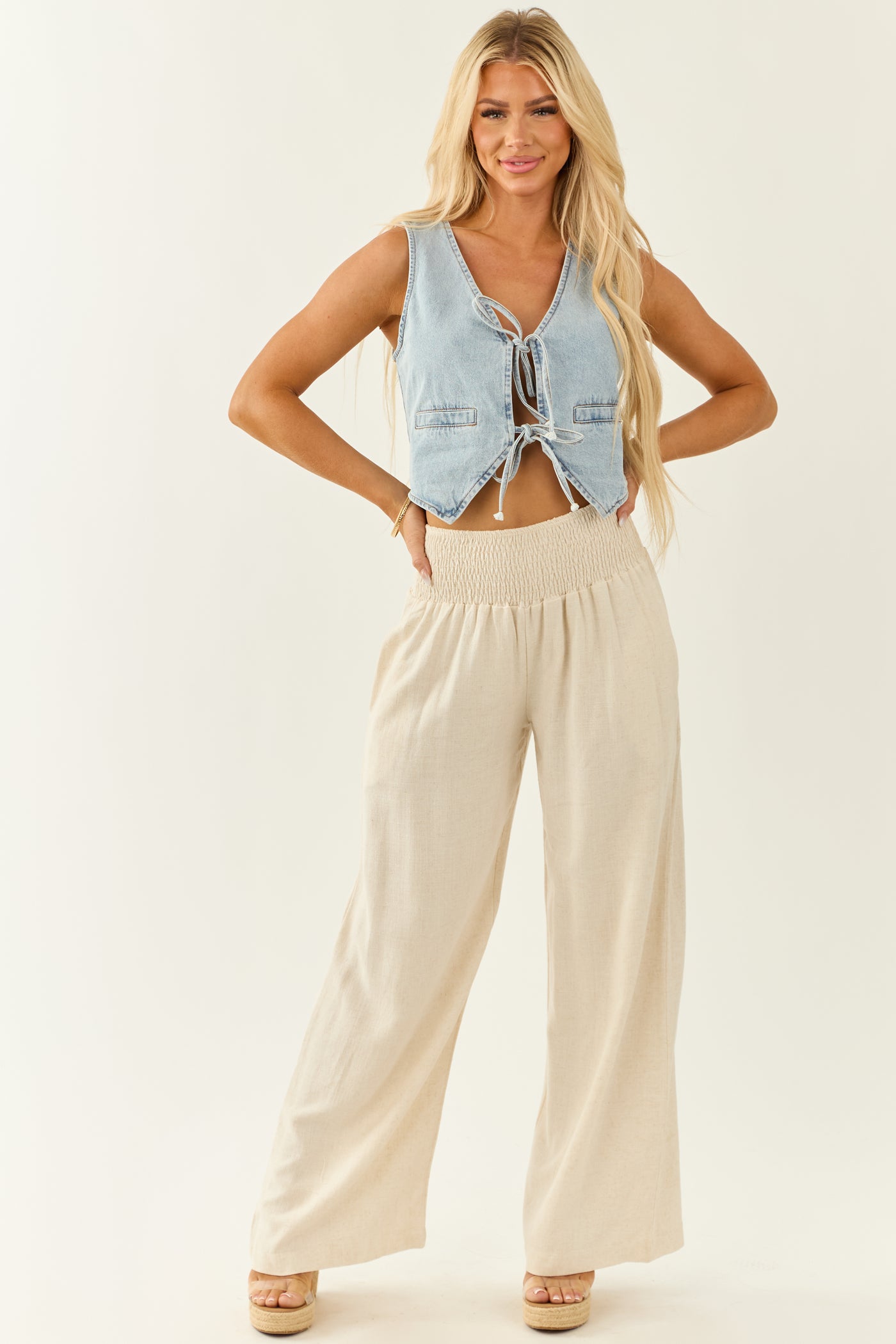 Almond Linen Blend Waistband Wide Leg Pants