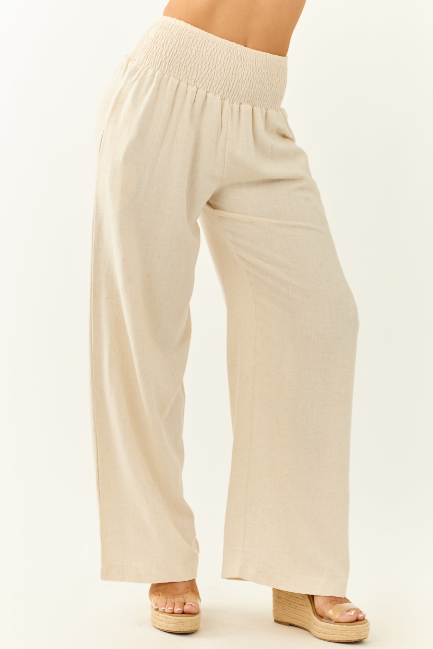 Almond Linen Blend Waistband Wide Leg Pants