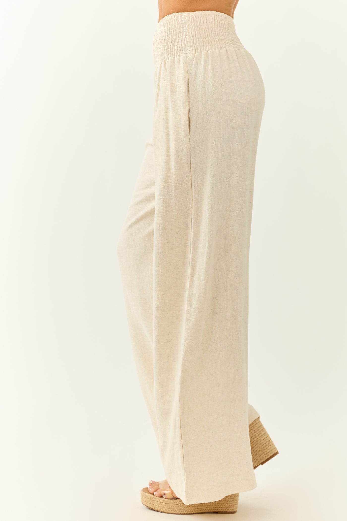 Almond Linen Blend Waistband Wide Leg Pants