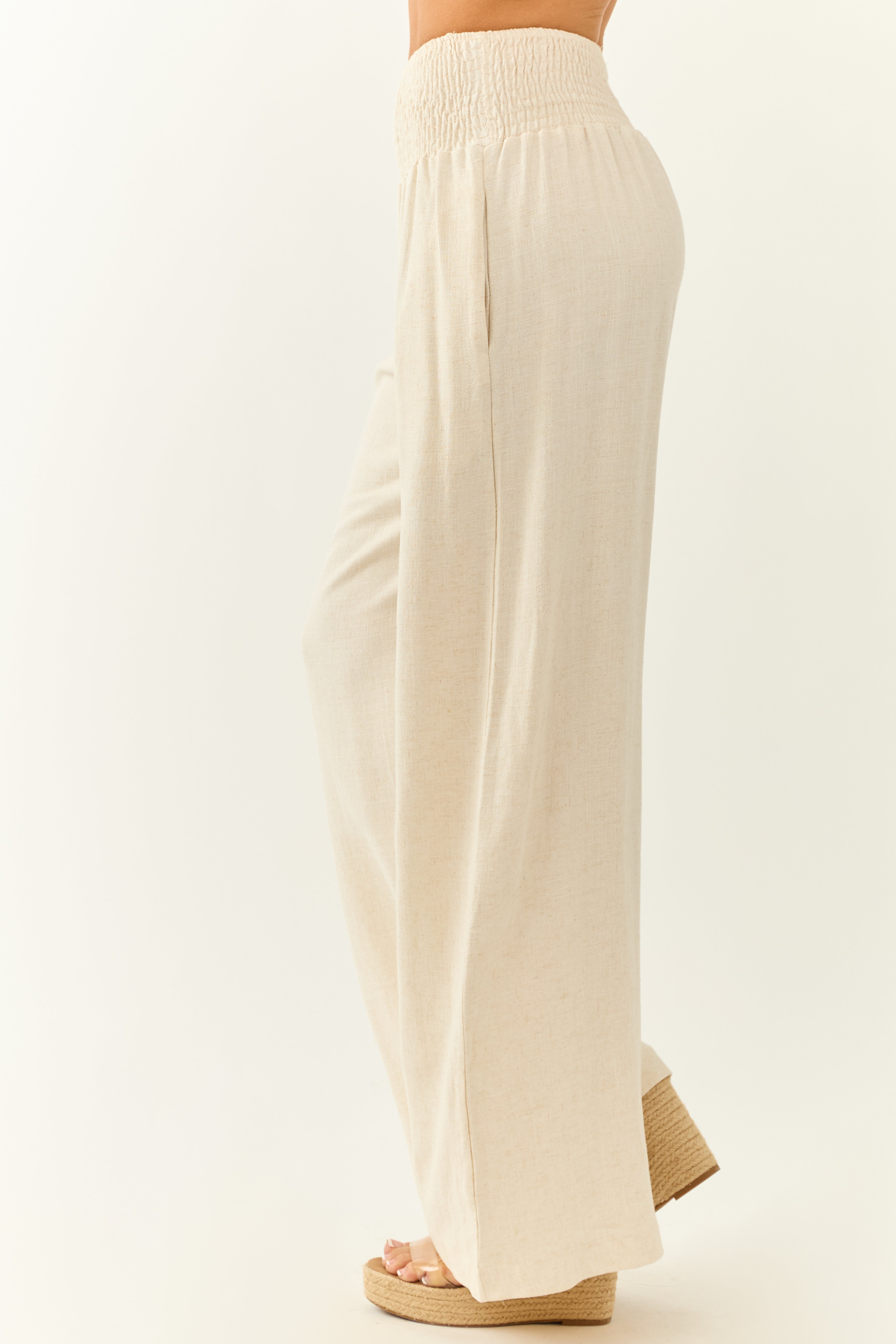 Almond Linen Blend Waistband Wide Leg Pants
