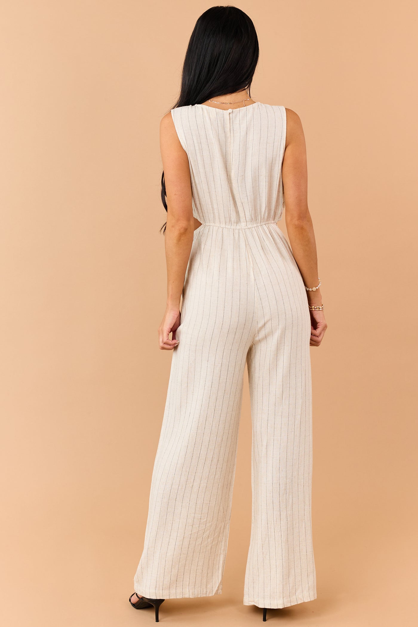 Almond Pinstripe Linen Blend Side Cut Out Jumpsuit