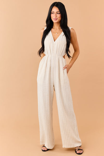 Almond Pinstripe Linen Blend Side Cut Out Jumpsuit