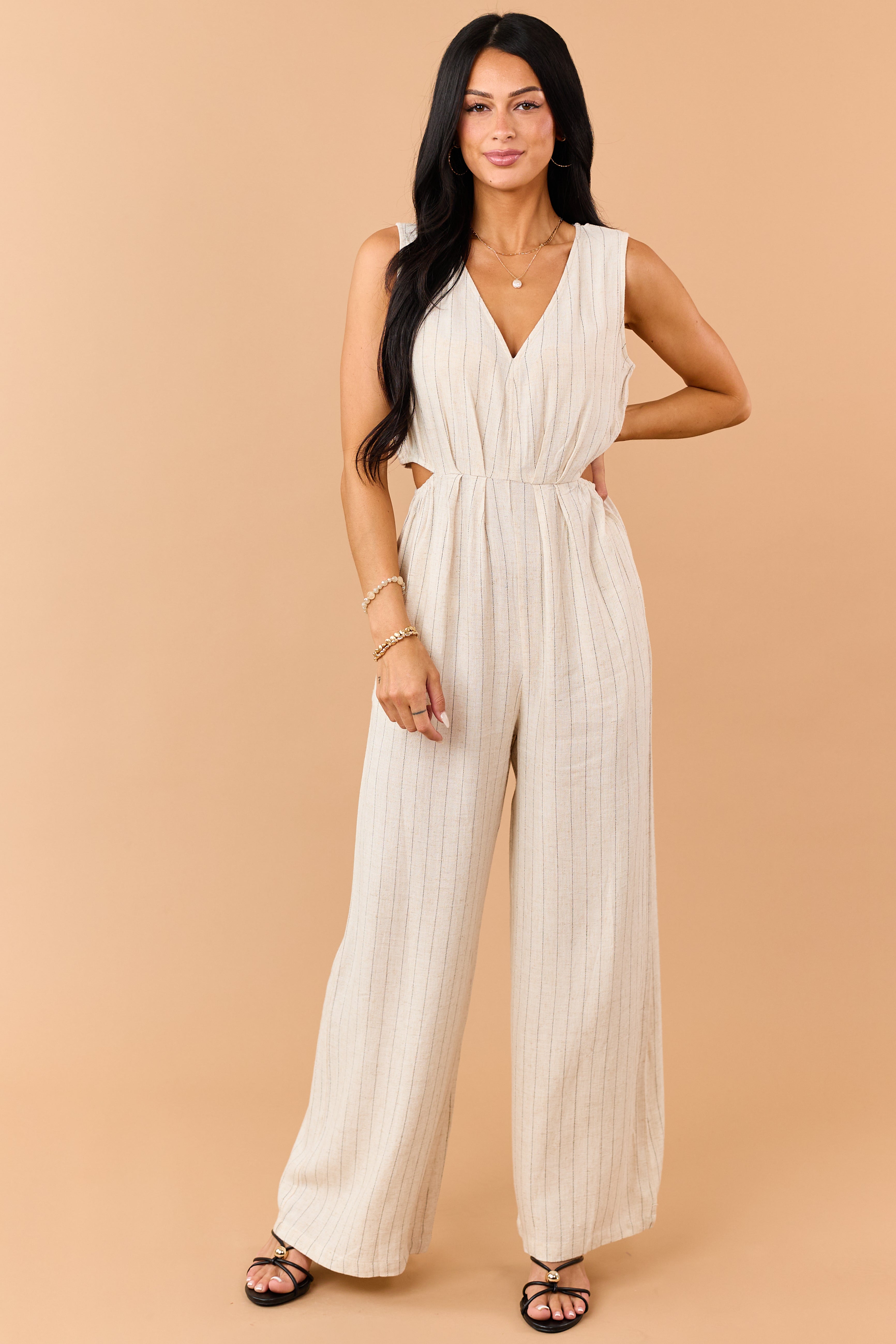 Almond Pinstripe Linen Blend Side Cut Out Jumpsuit