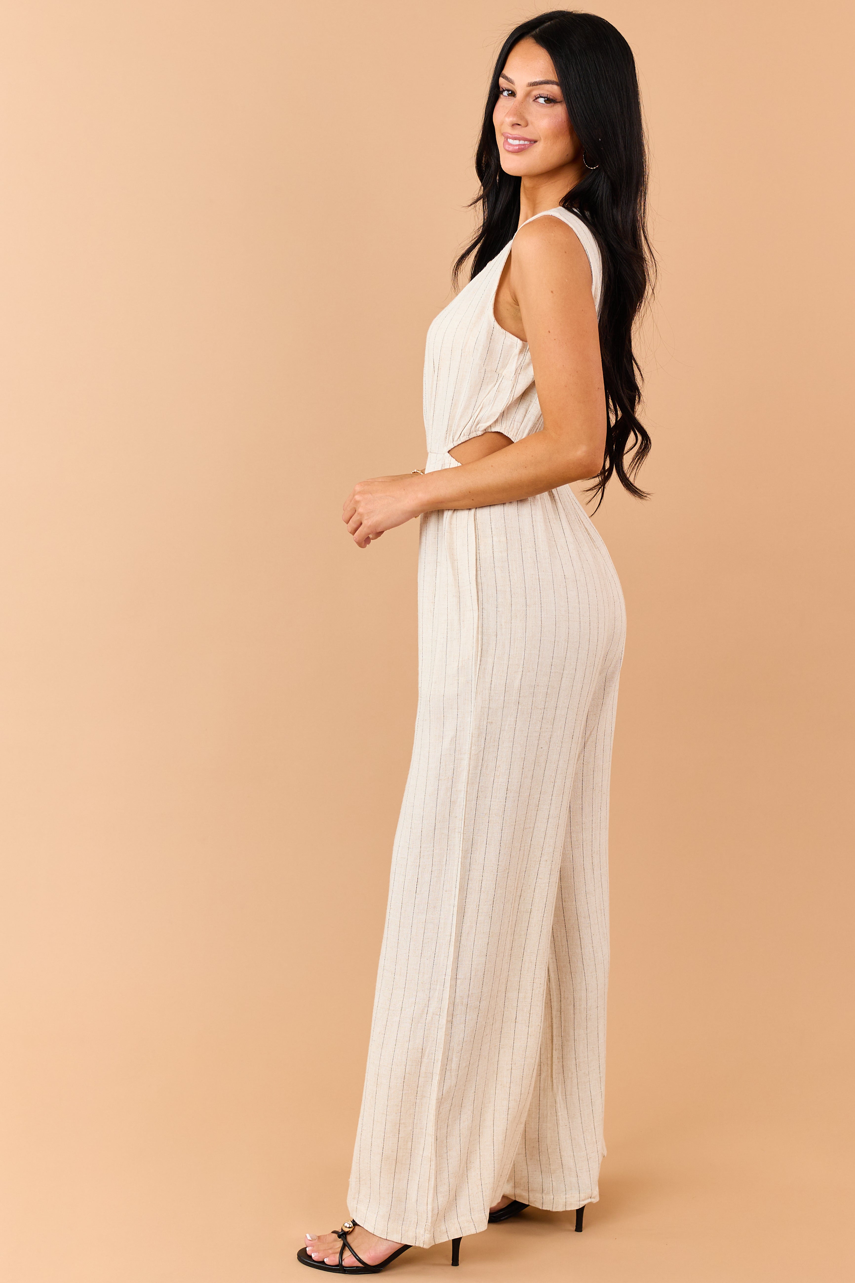 Almond Pinstripe Linen Blend Side Cut Out Jumpsuit
