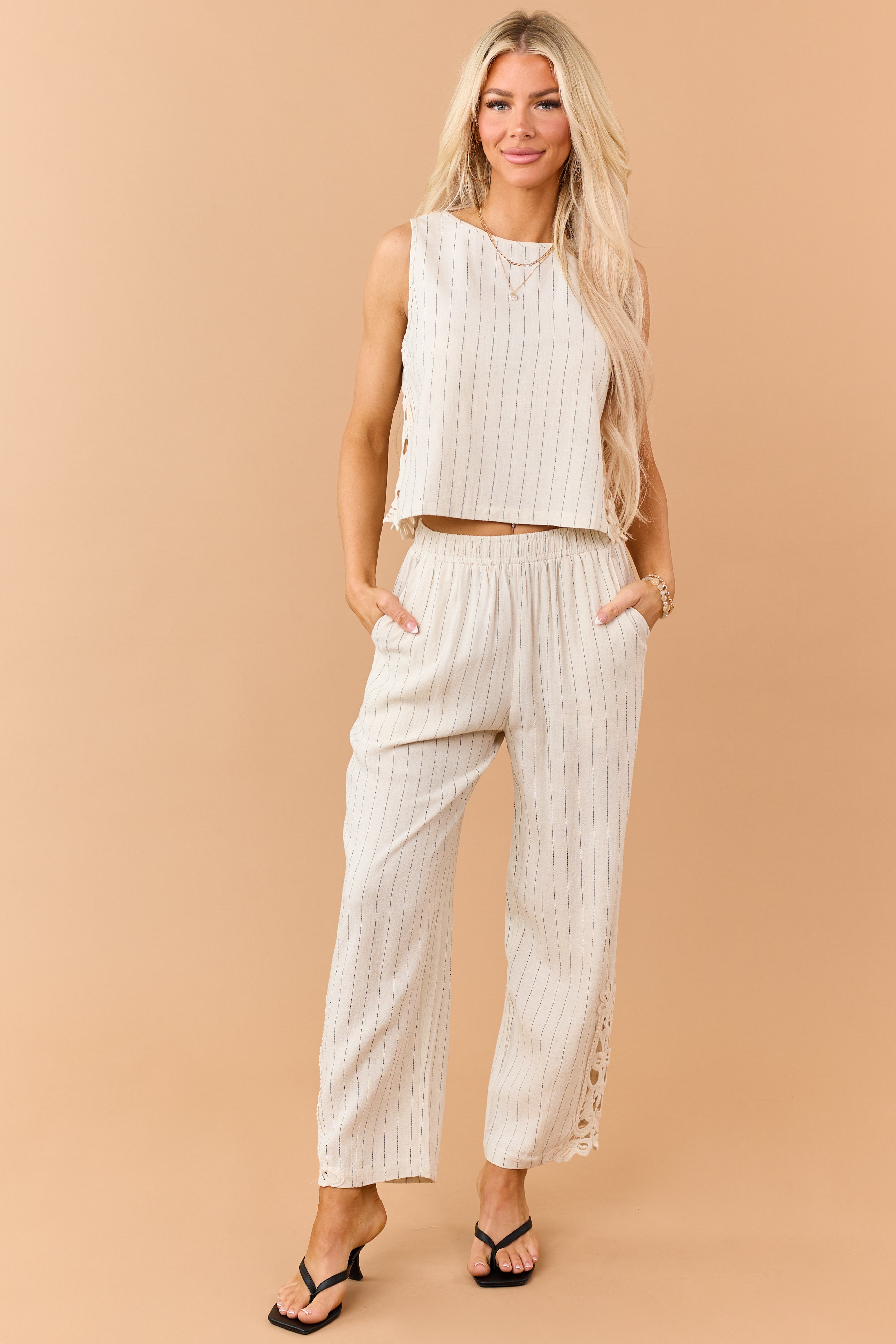Almond Pinstripe Linen Blend Side Lace Panel Pants | Lime Lush