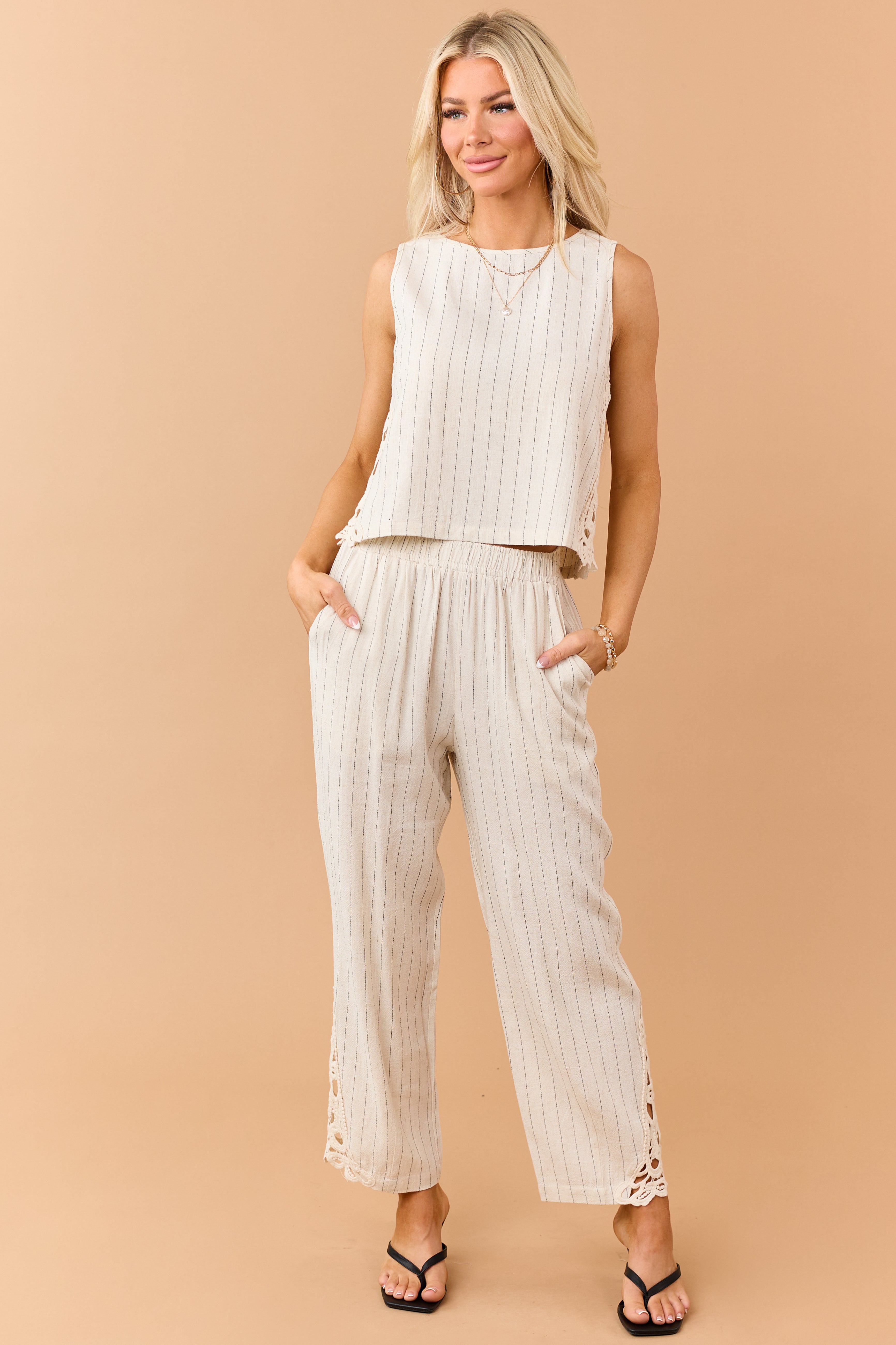 Almond Pinstripe Linen Blend Side Lace Panel Pants | Lime Lush