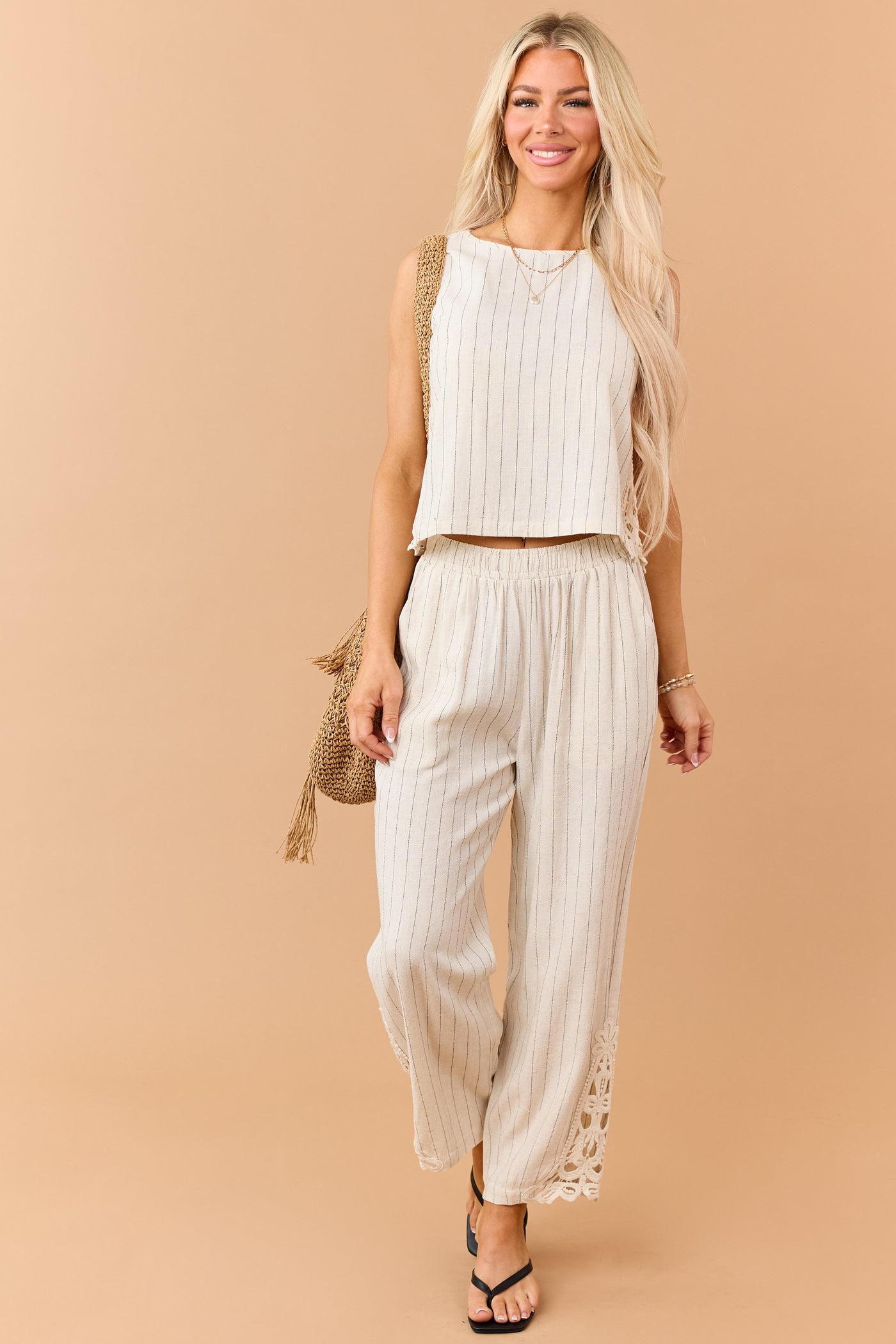 Almond Pinstripe Linen Blend Side Lace Panel Pants