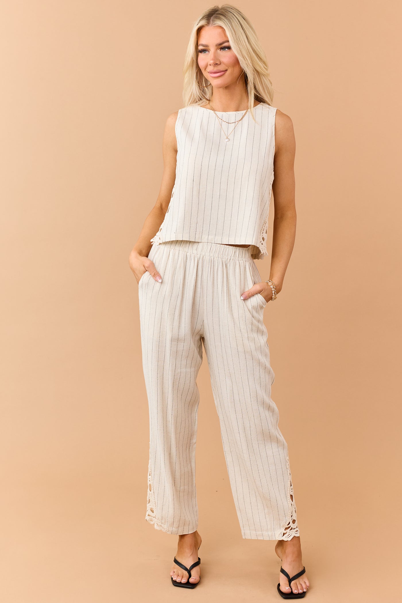 Almond Pinstripe Linen Blend Side Lace Tank Top