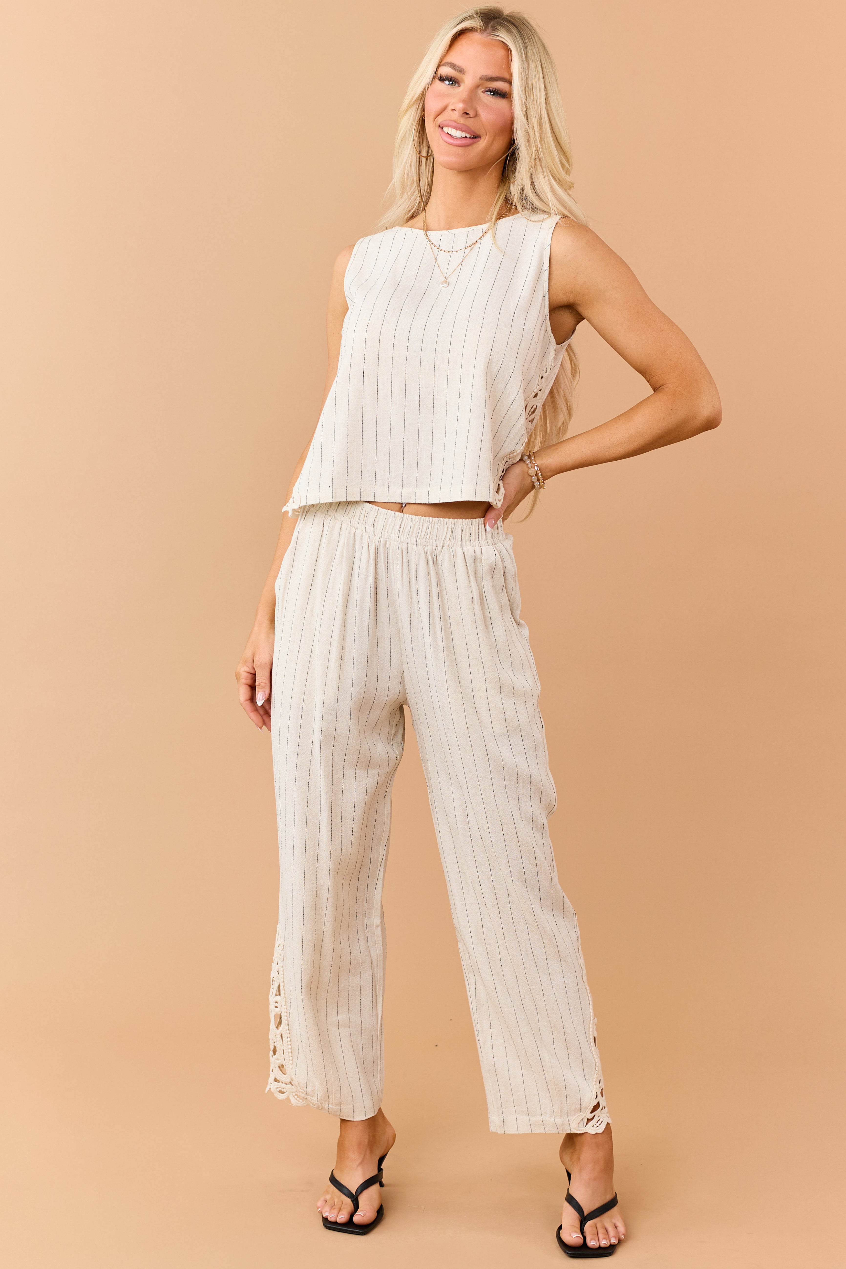 Almond Pinstripe Linen Blend Side Lace Tank Top