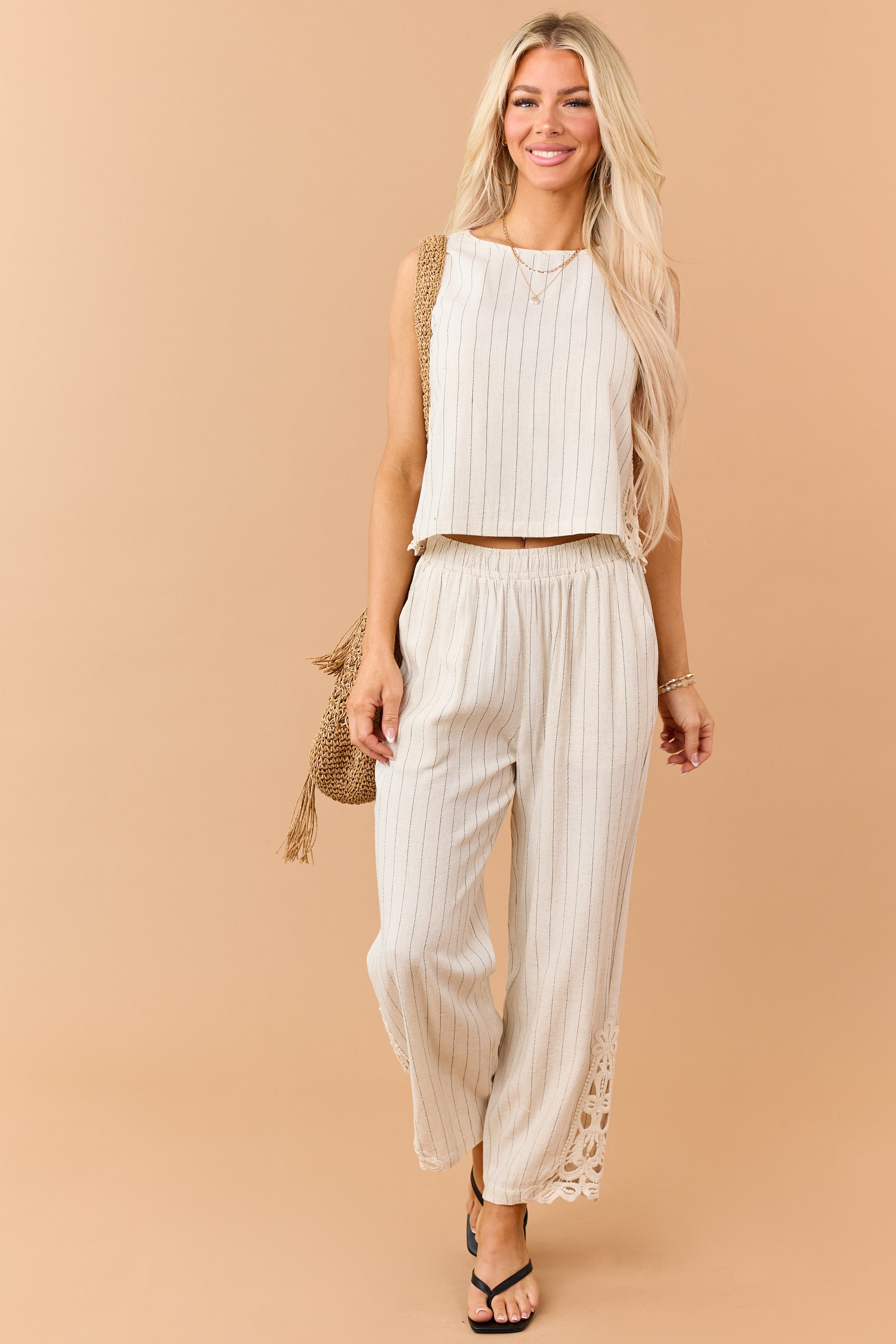 Almond Pinstripe Linen Blend Side Lace Tank Top