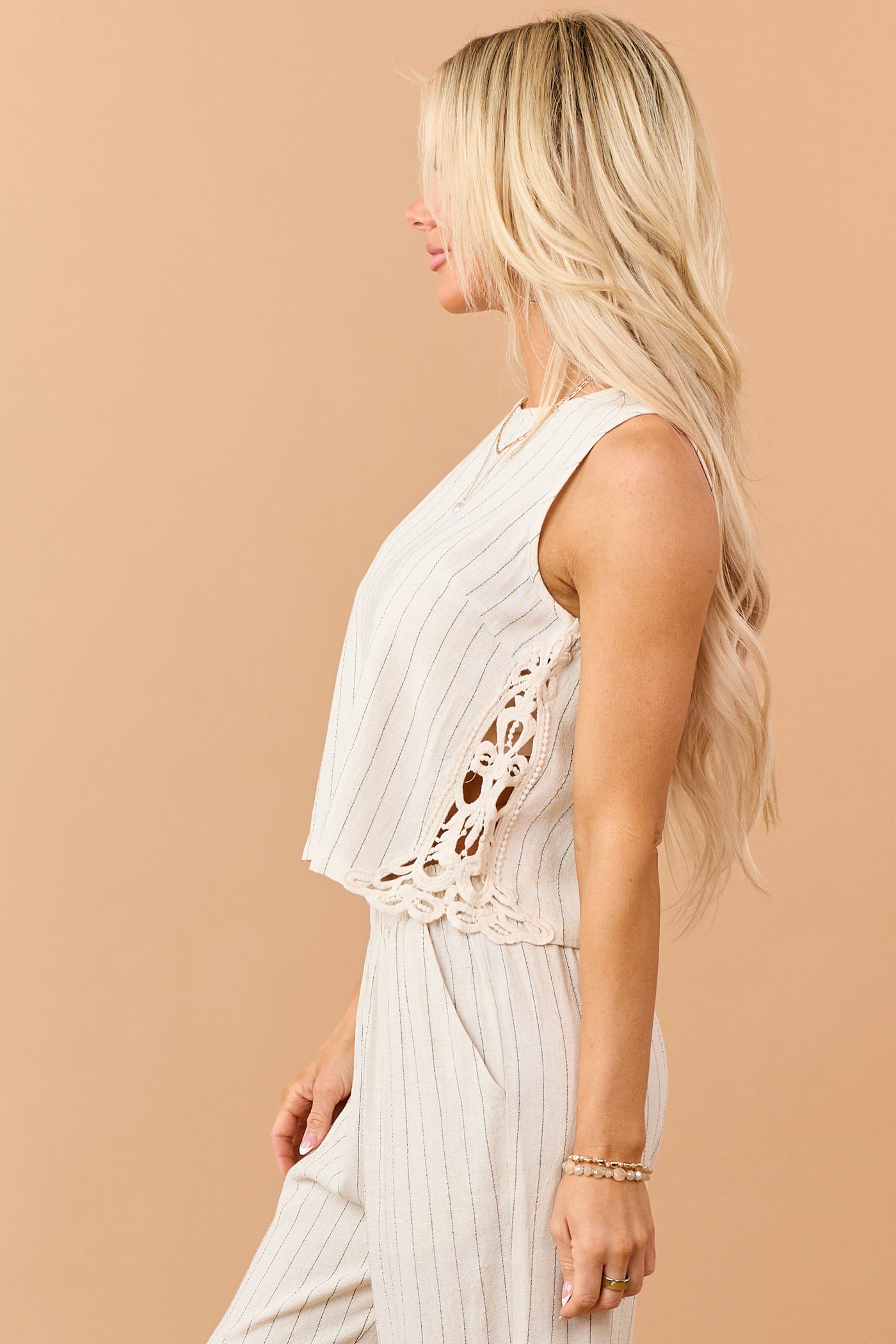Almond Pinstripe Linen Blend Side Lace Tank Top