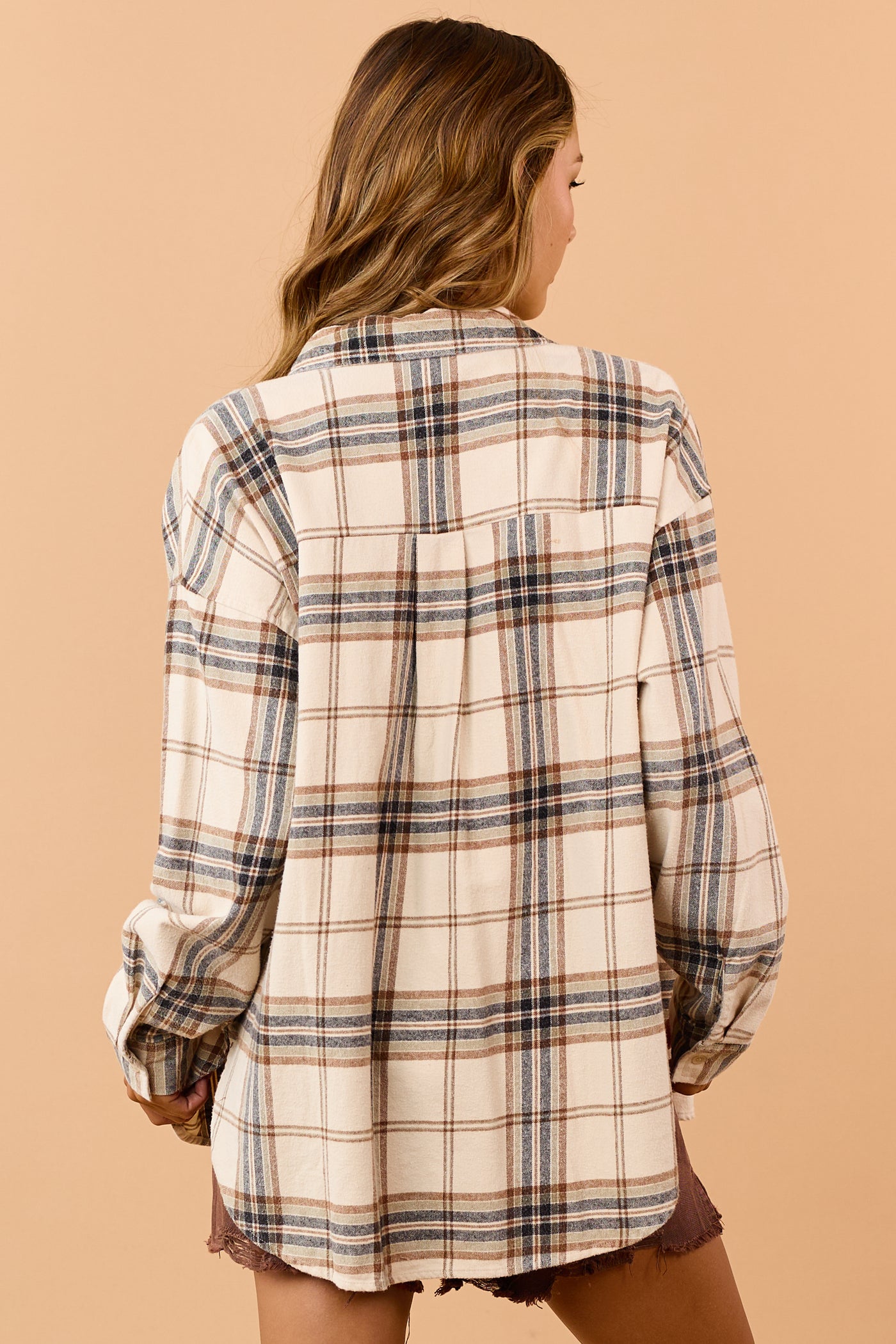 Almond Plaid Relaxed Cotton Flannel Top