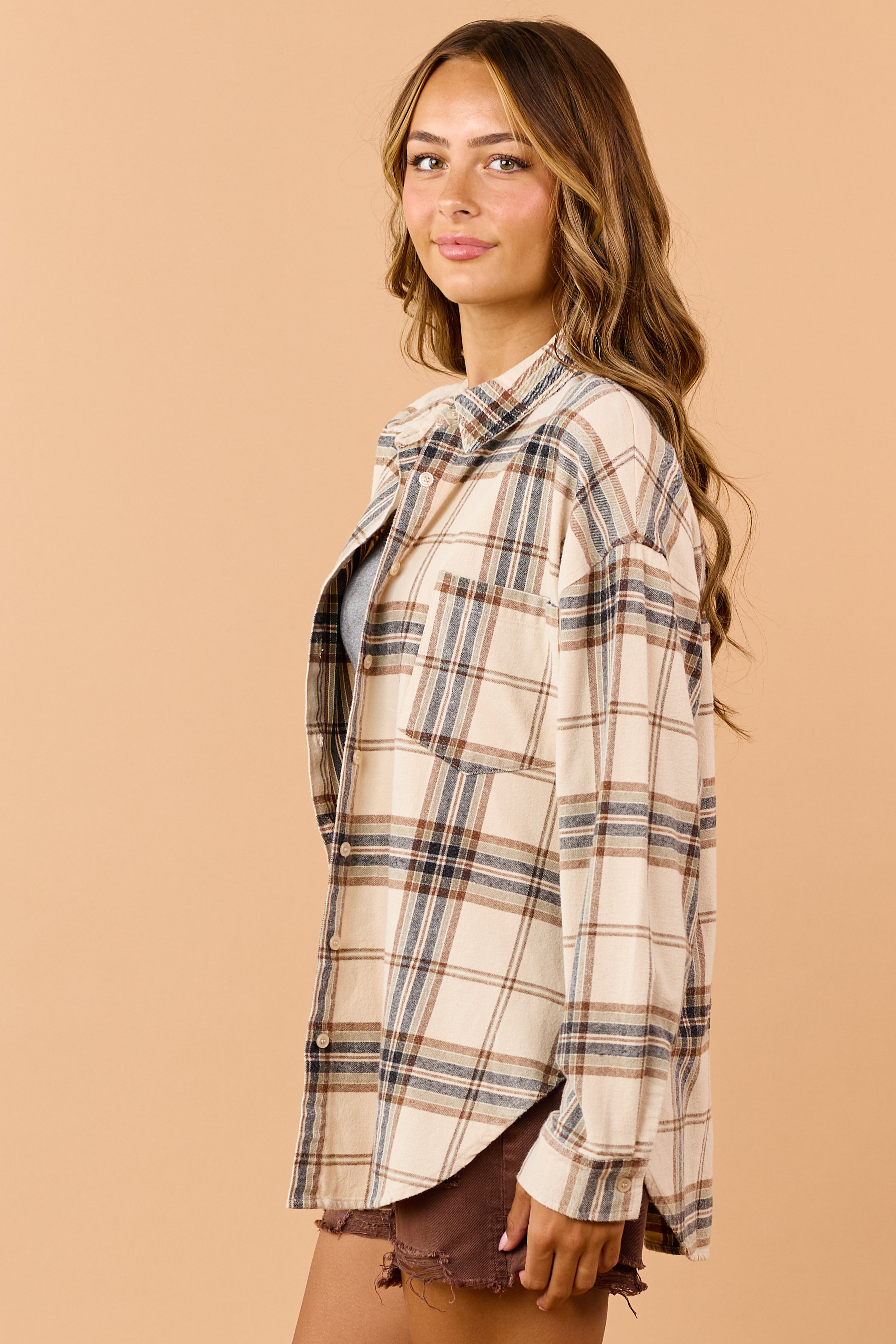 Almond Plaid Relaxed Cotton Flannel Top