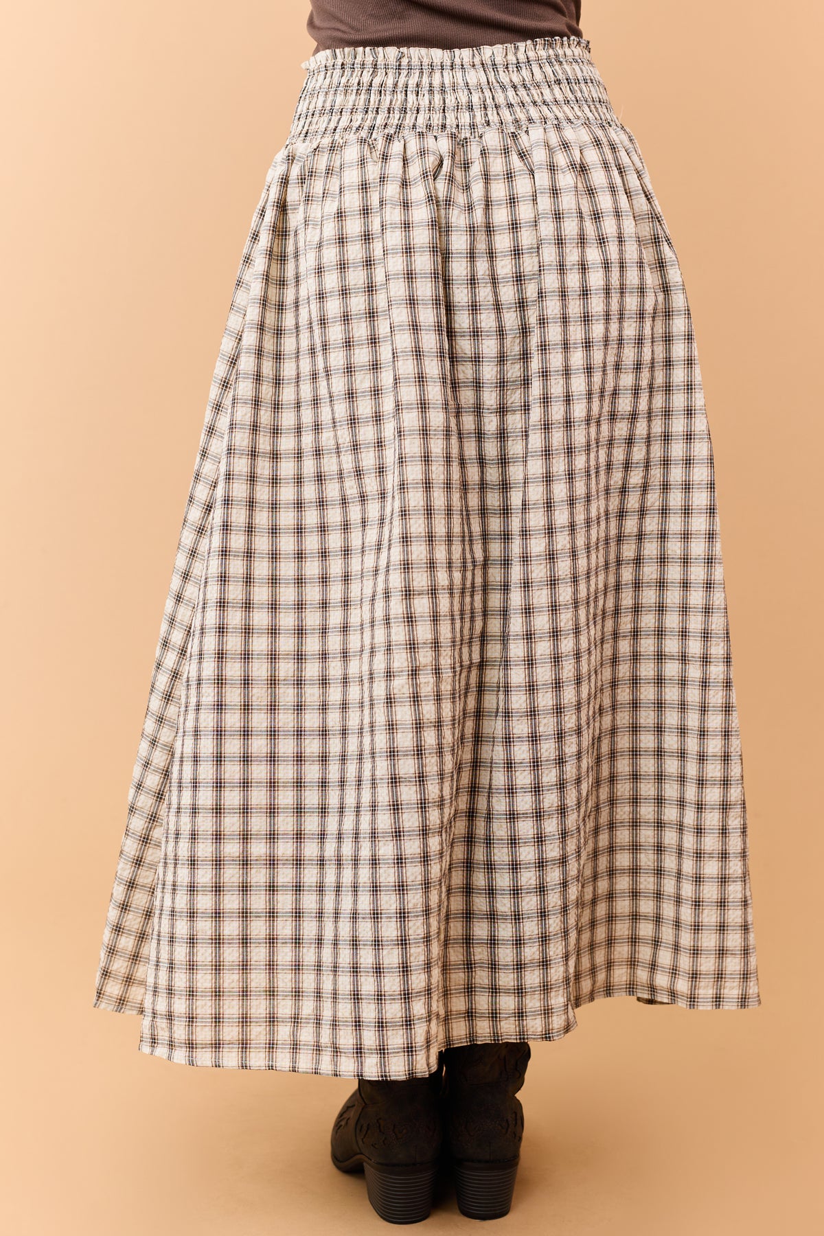 Almond Plaid Smocked Waist Cotton Midi Skirt