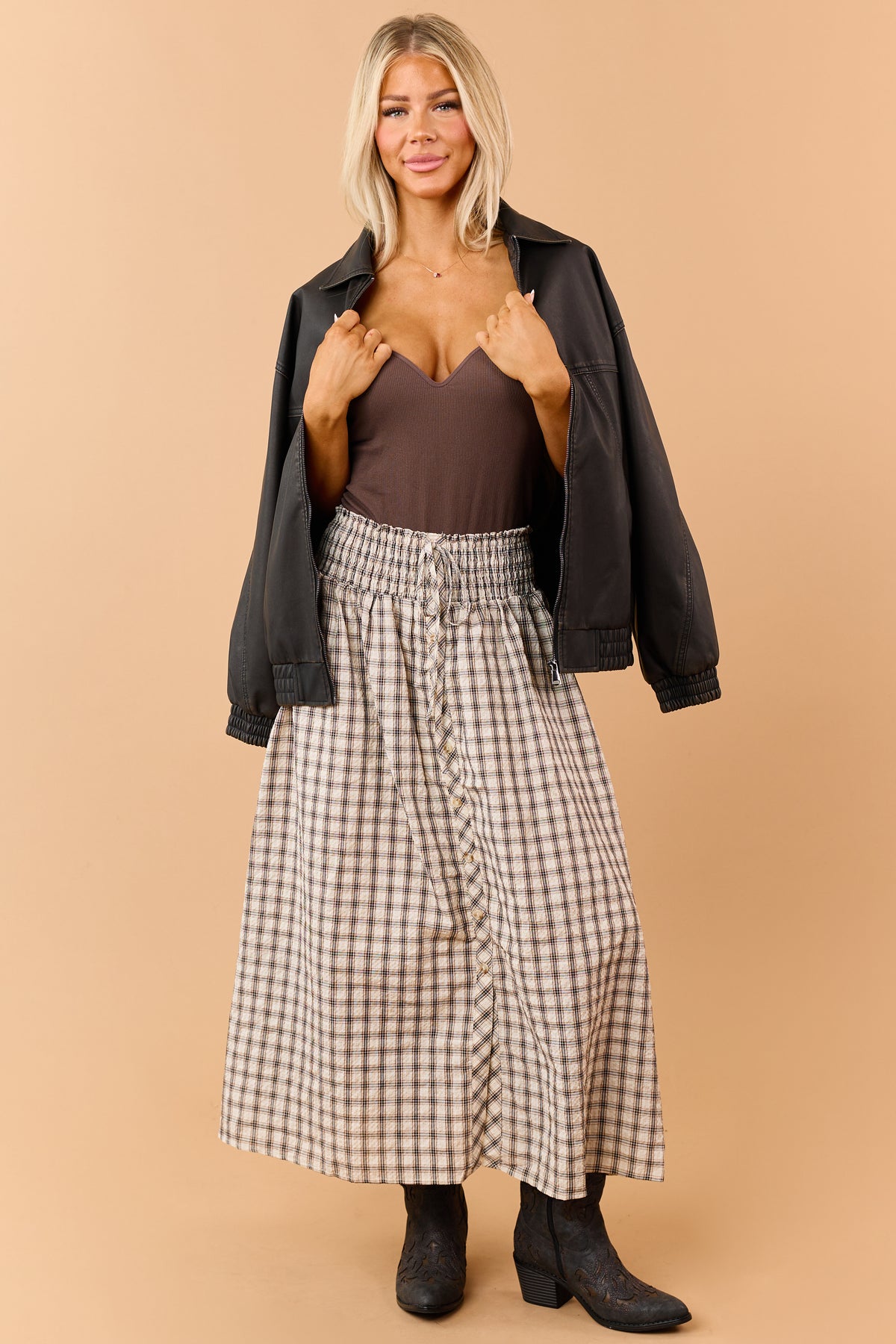 Almond Plaid Smocked Waist Cotton Midi Skirt