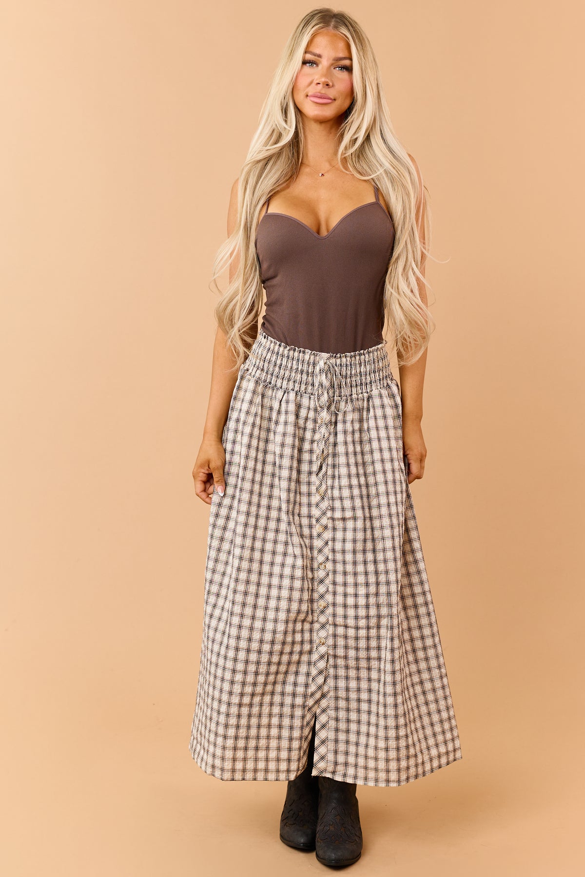 Almond Plaid Smocked Waist Cotton Midi Skirt