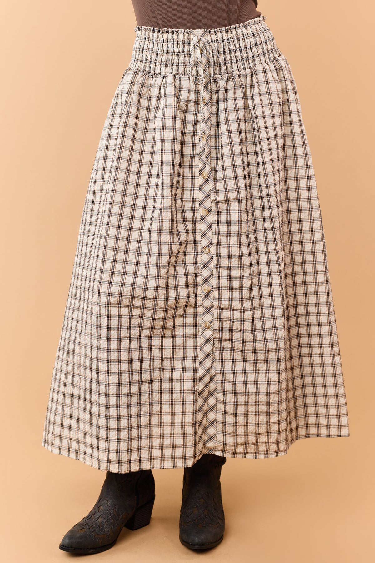 Almond Plaid Smocked Waist Cotton Midi Skirt