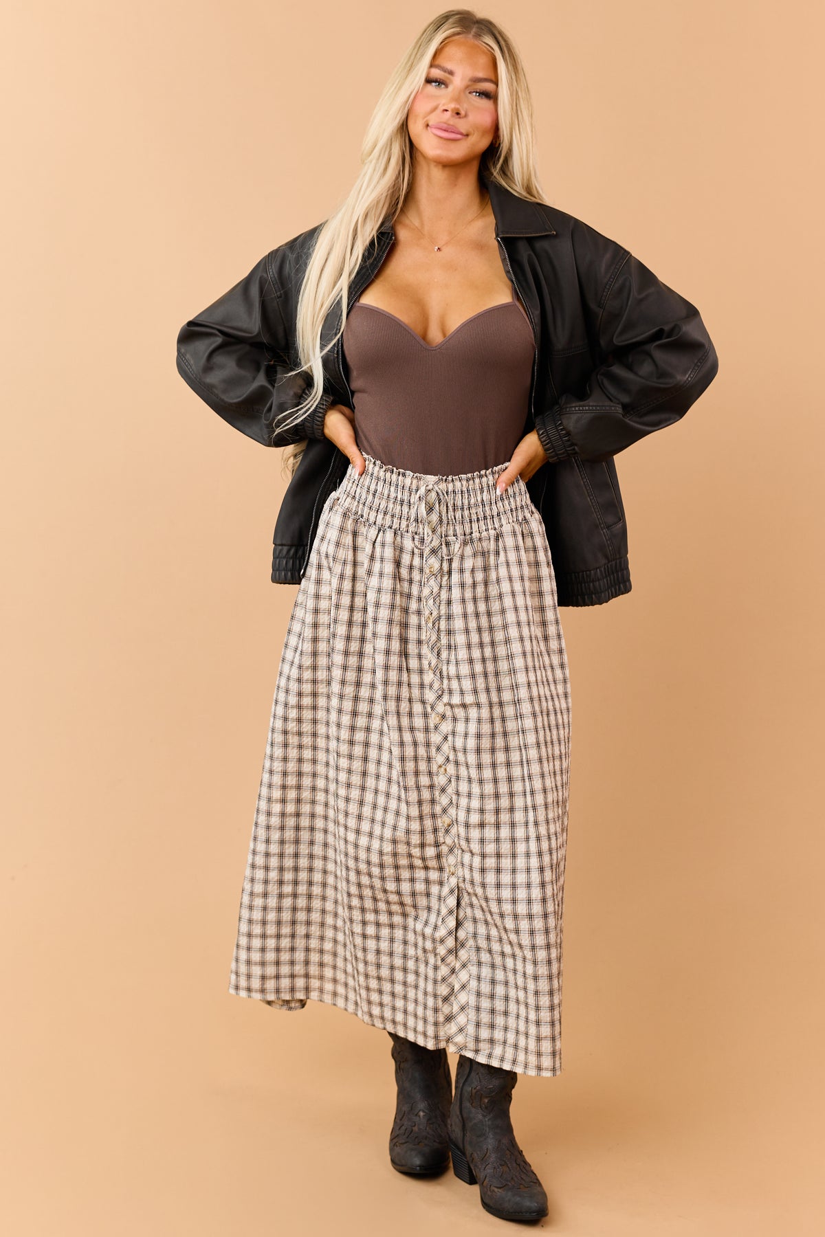 Almond Plaid Smocked Waist Cotton Midi Skirt