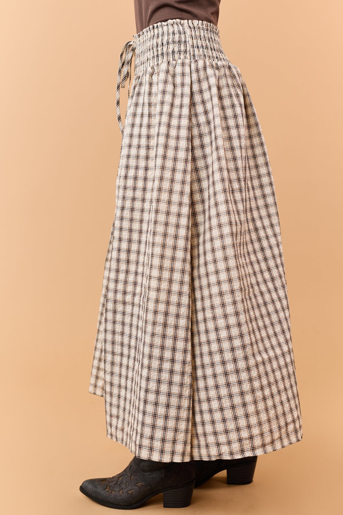 Almond Plaid Smocked Waist Cotton Midi Skirt