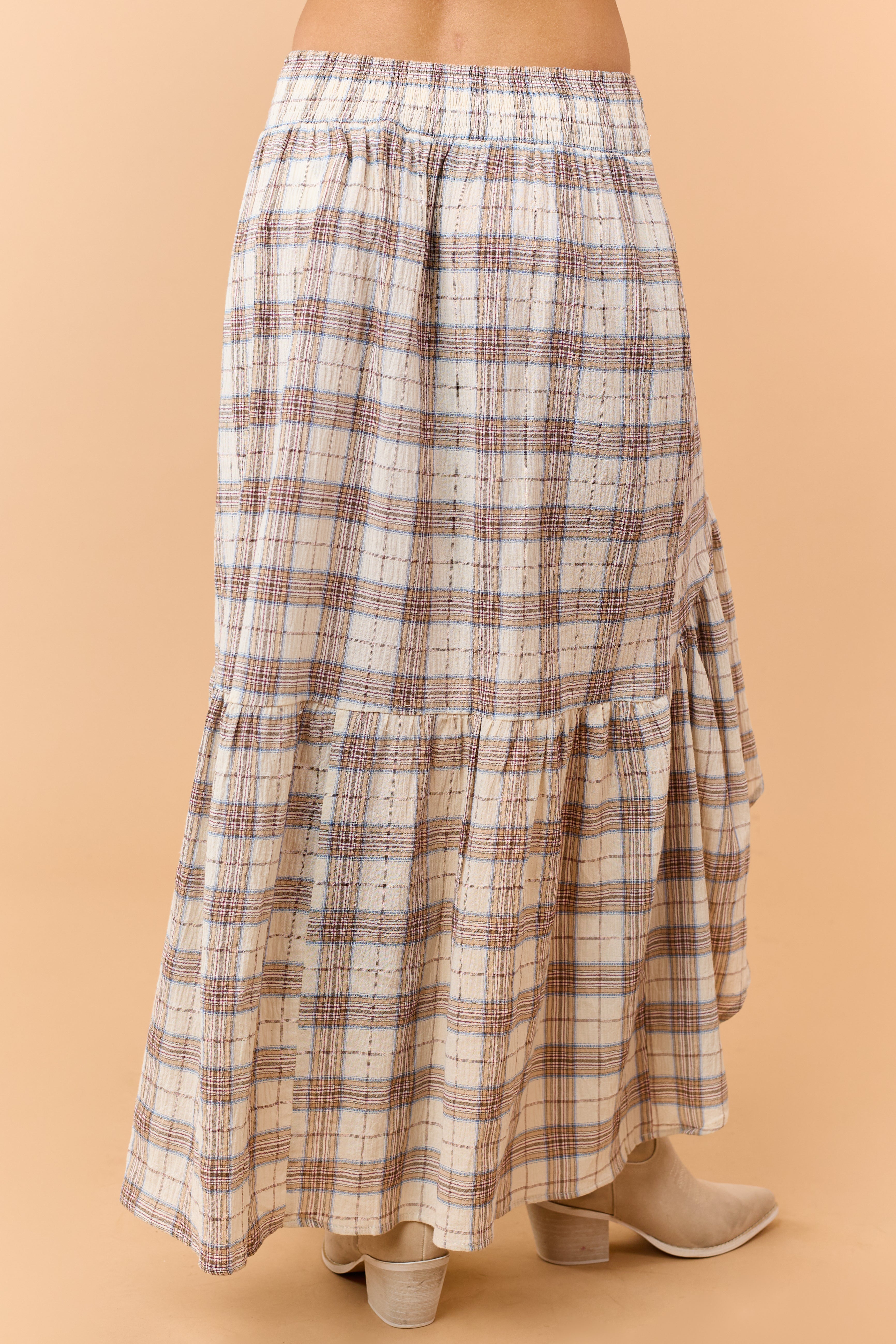 Almond Plaid Smocked Waist High Low Midi Skirt