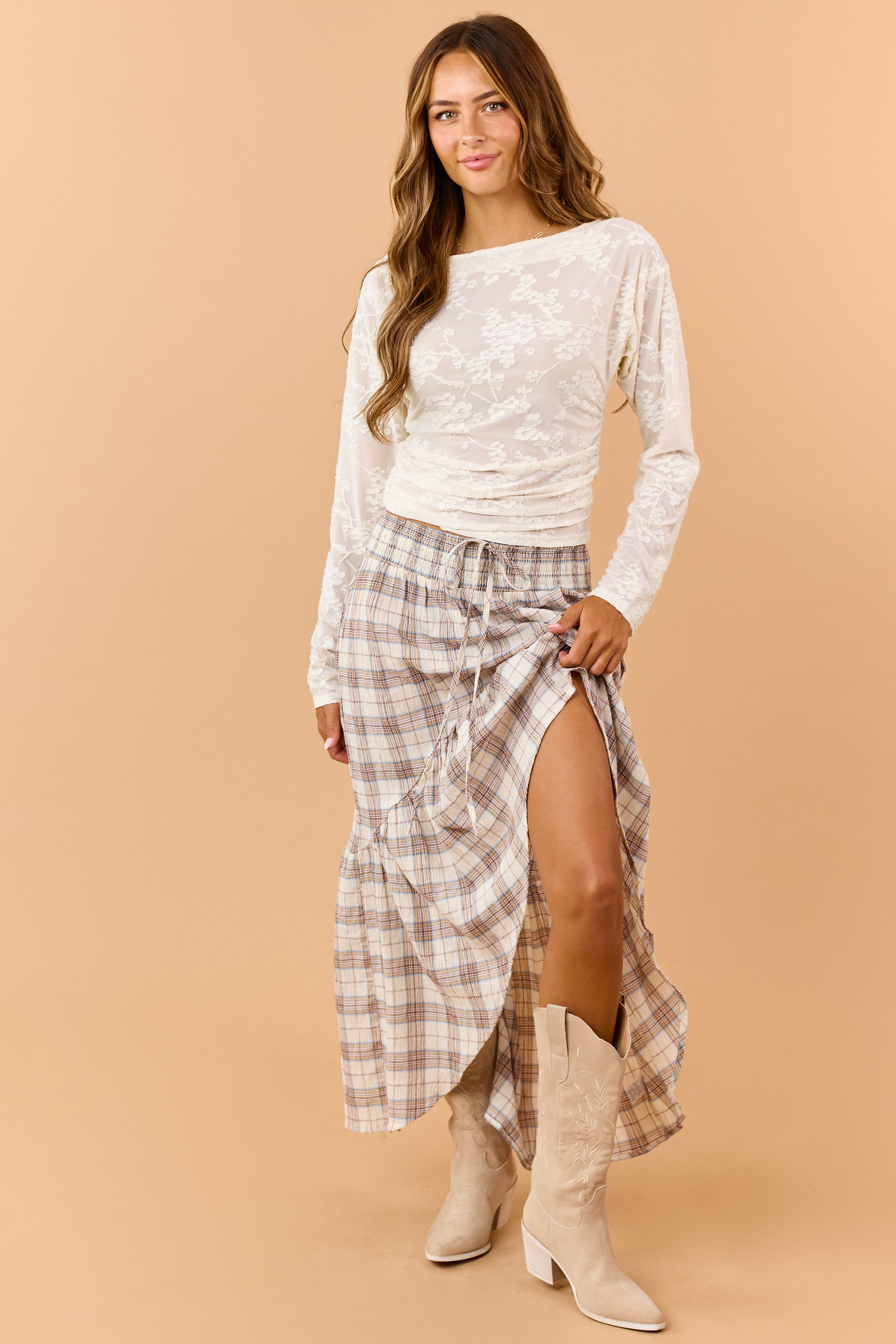 Almond Plaid Smocked Waist High Low Midi Skirt