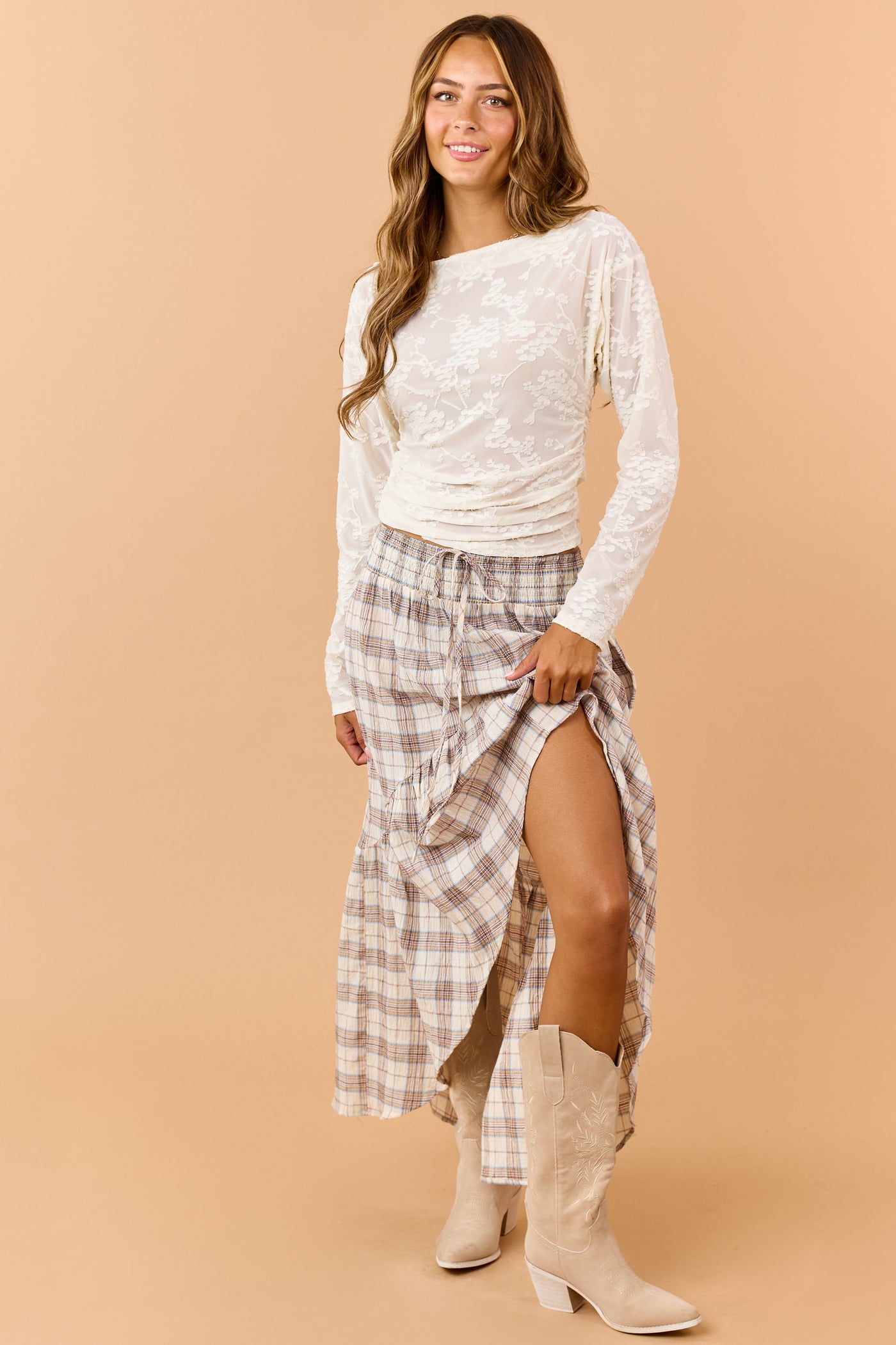 Almond Plaid Smocked Waist High Low Midi Skirt