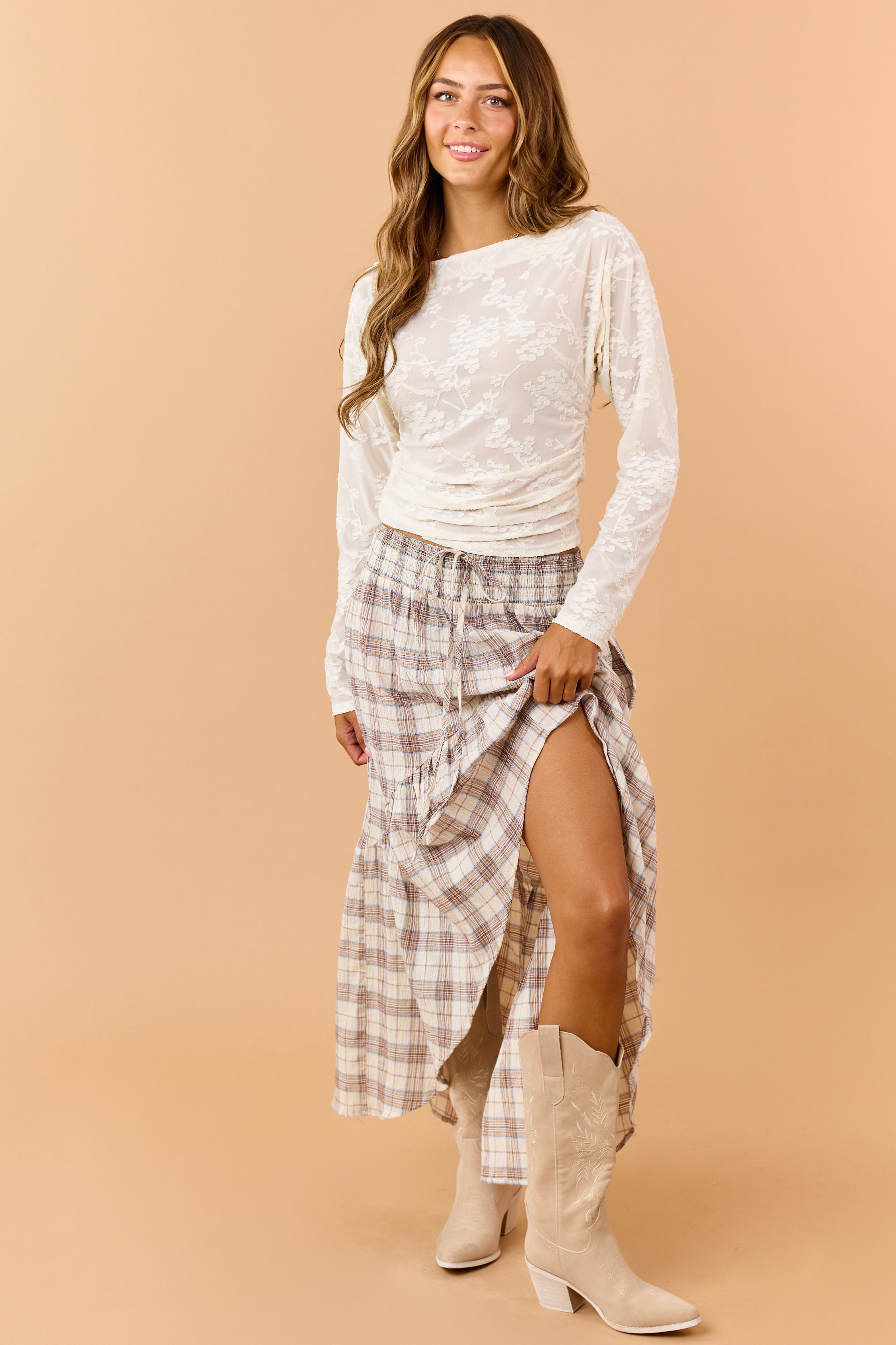 Almond Plaid Smocked Waist High Low Midi Skirt