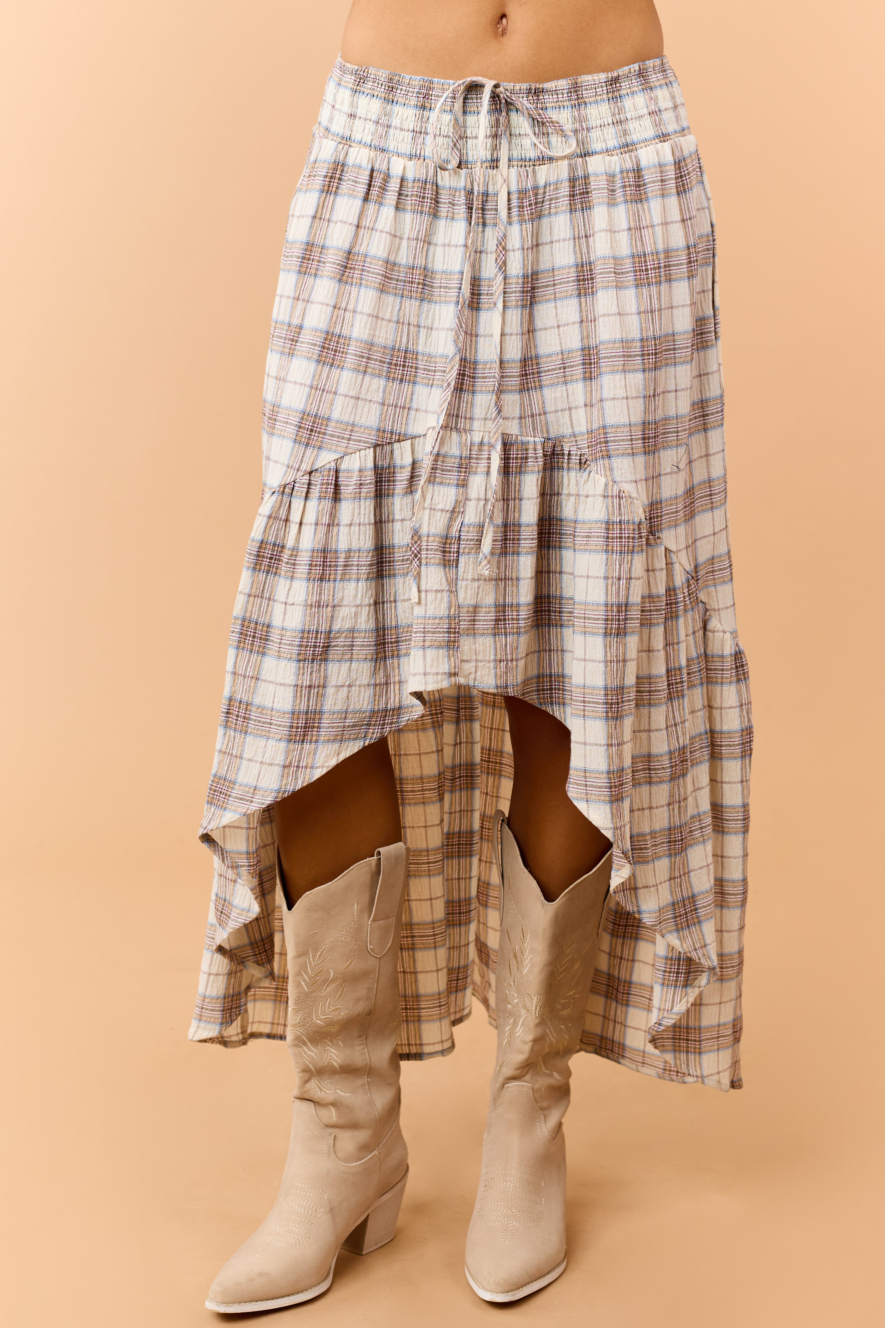 Almond Plaid Smocked Waist High Low Midi Skirt