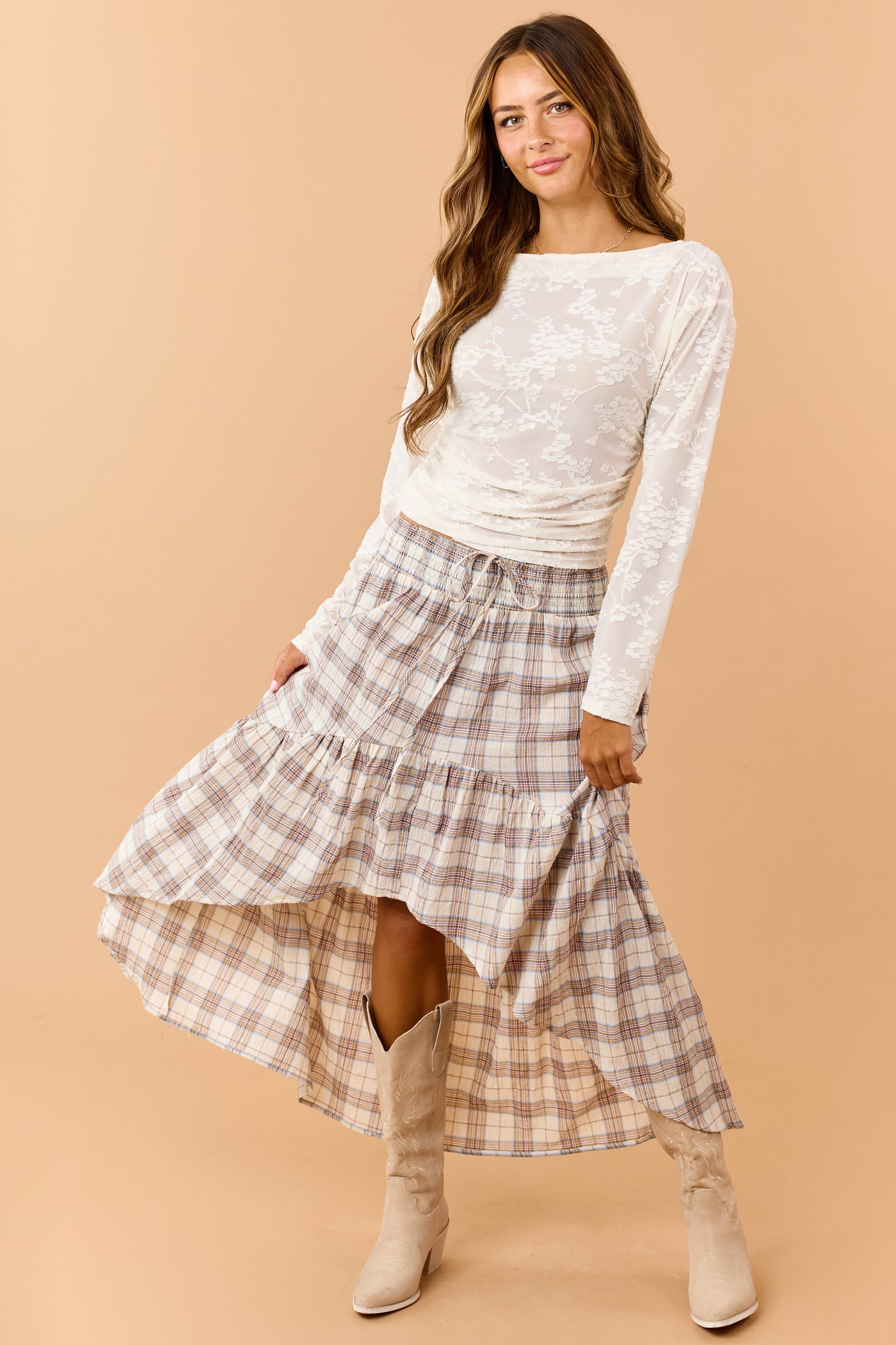 Almond Plaid Smocked Waist High Low Midi Skirt