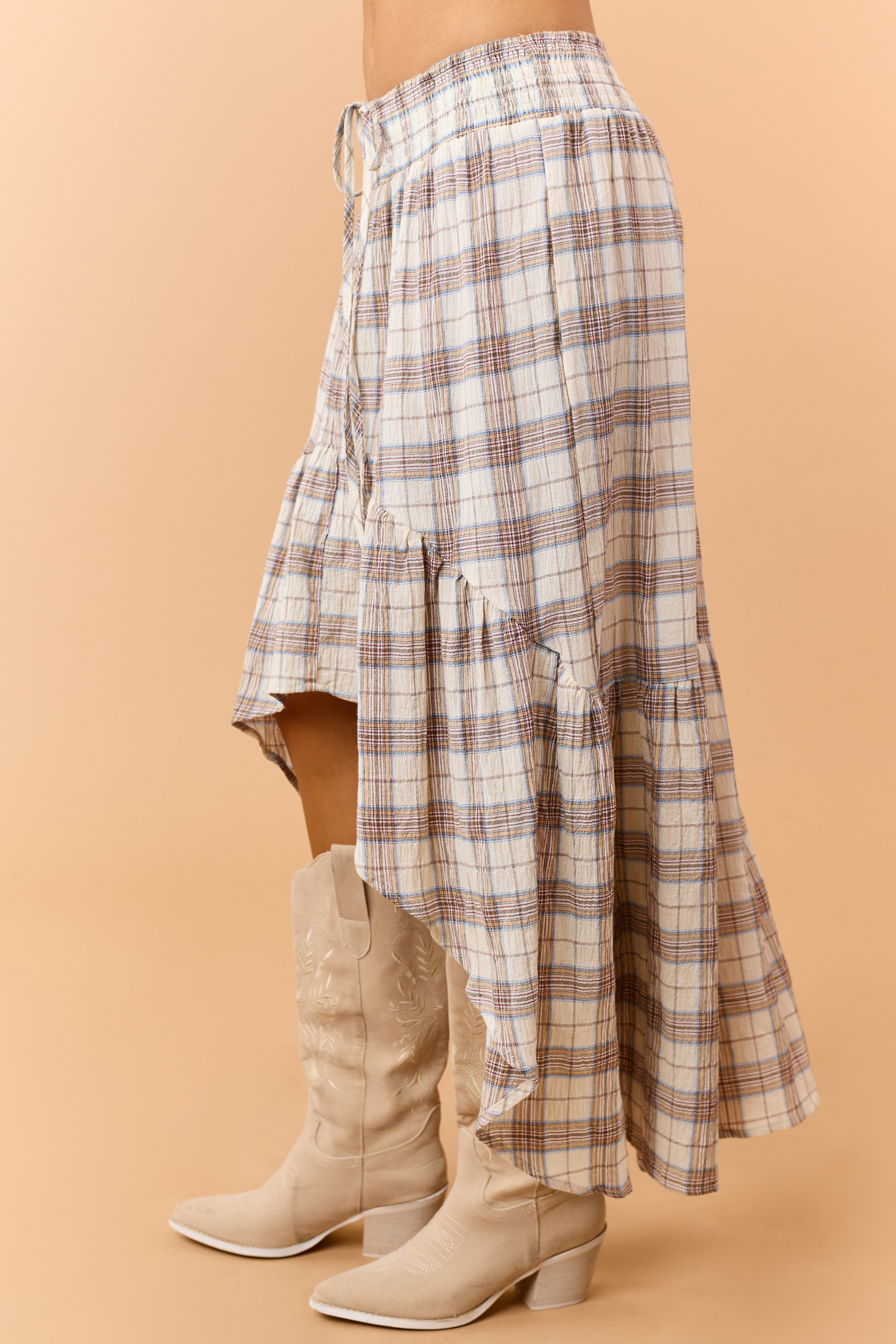 Almond Plaid Smocked Waist High Low Midi Skirt