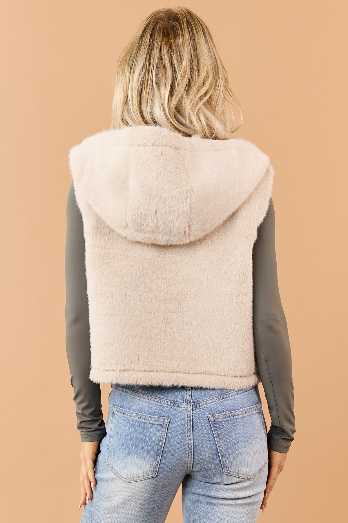 Almond Plush Faux Fur Hook Closure Hooded Vest