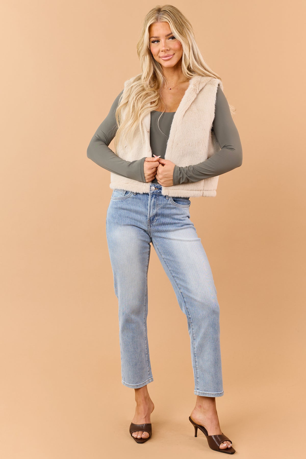 Almond Plush Faux Fur Hook Closure Hooded Vest