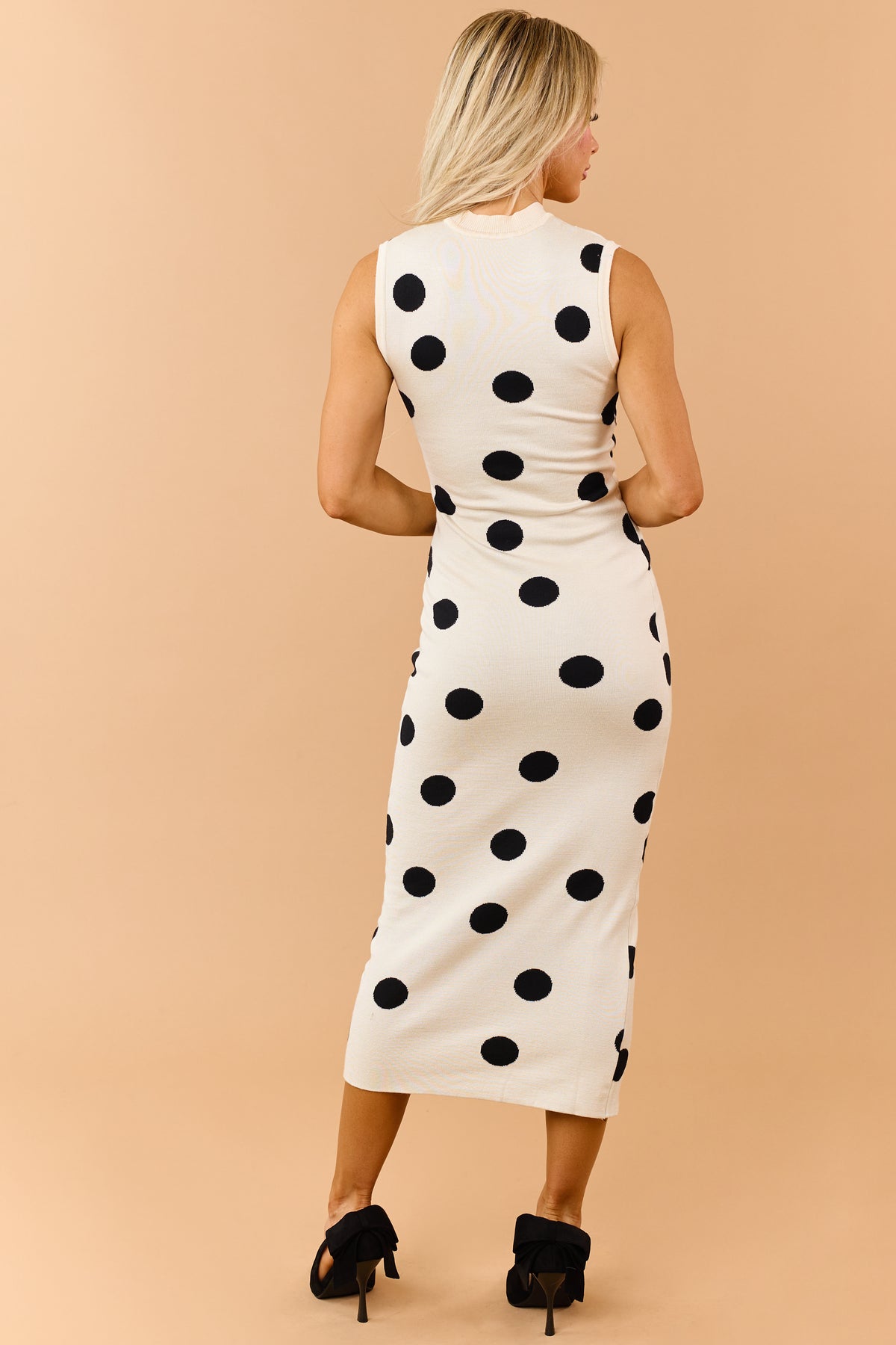 Almond Polka Dot Sleeveless Sweater Knit Midi Dress