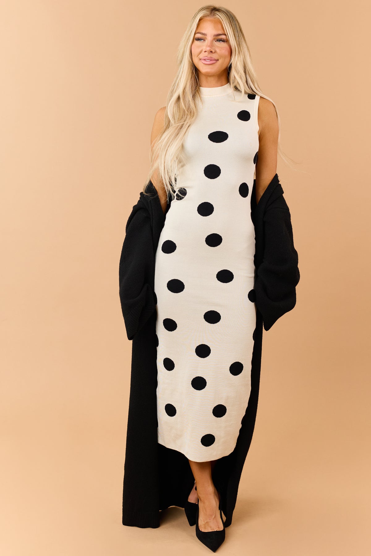 Almond Polka Dot Sleeveless Sweater Knit Midi Dress